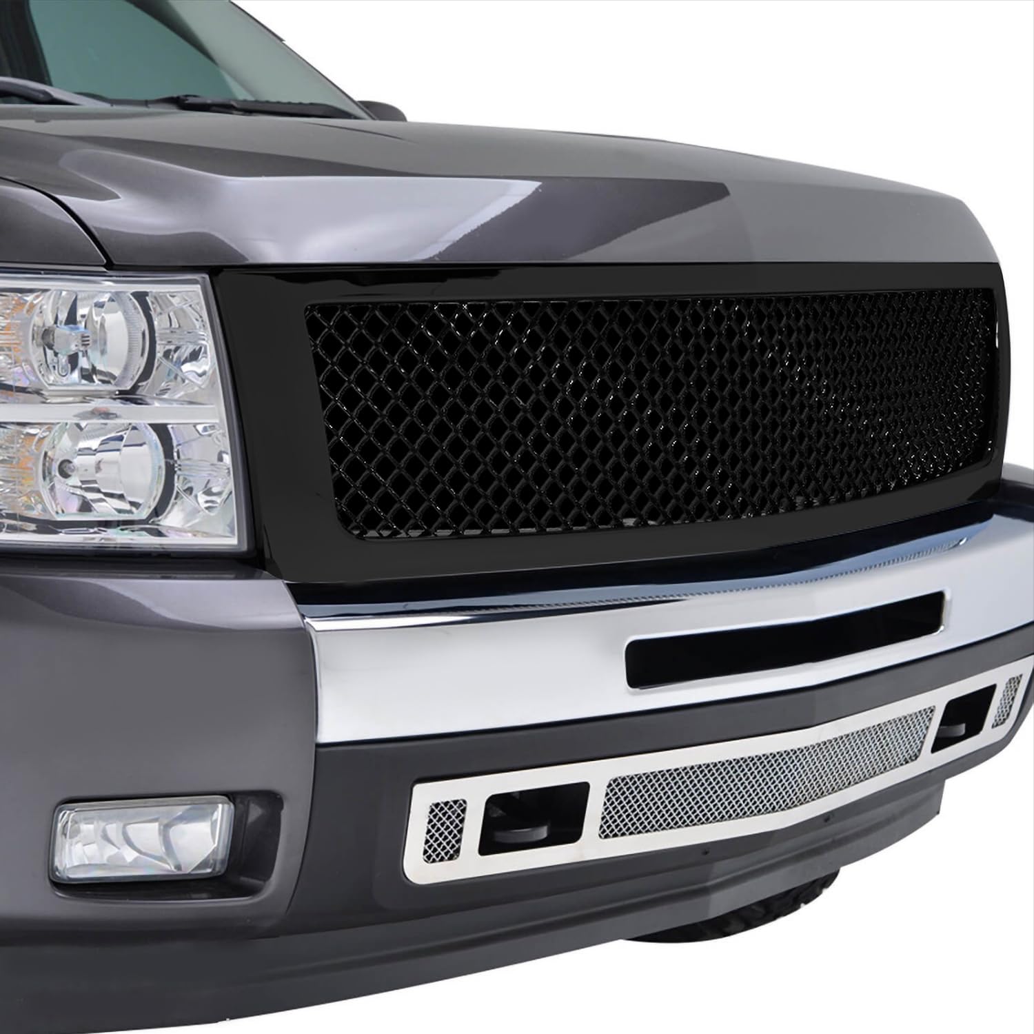 Spec-D Tuning Mesh Abs Glossy Black Front Hood Grille 1Pc Compatible With 2007-2013 Chevy Silverado 1500