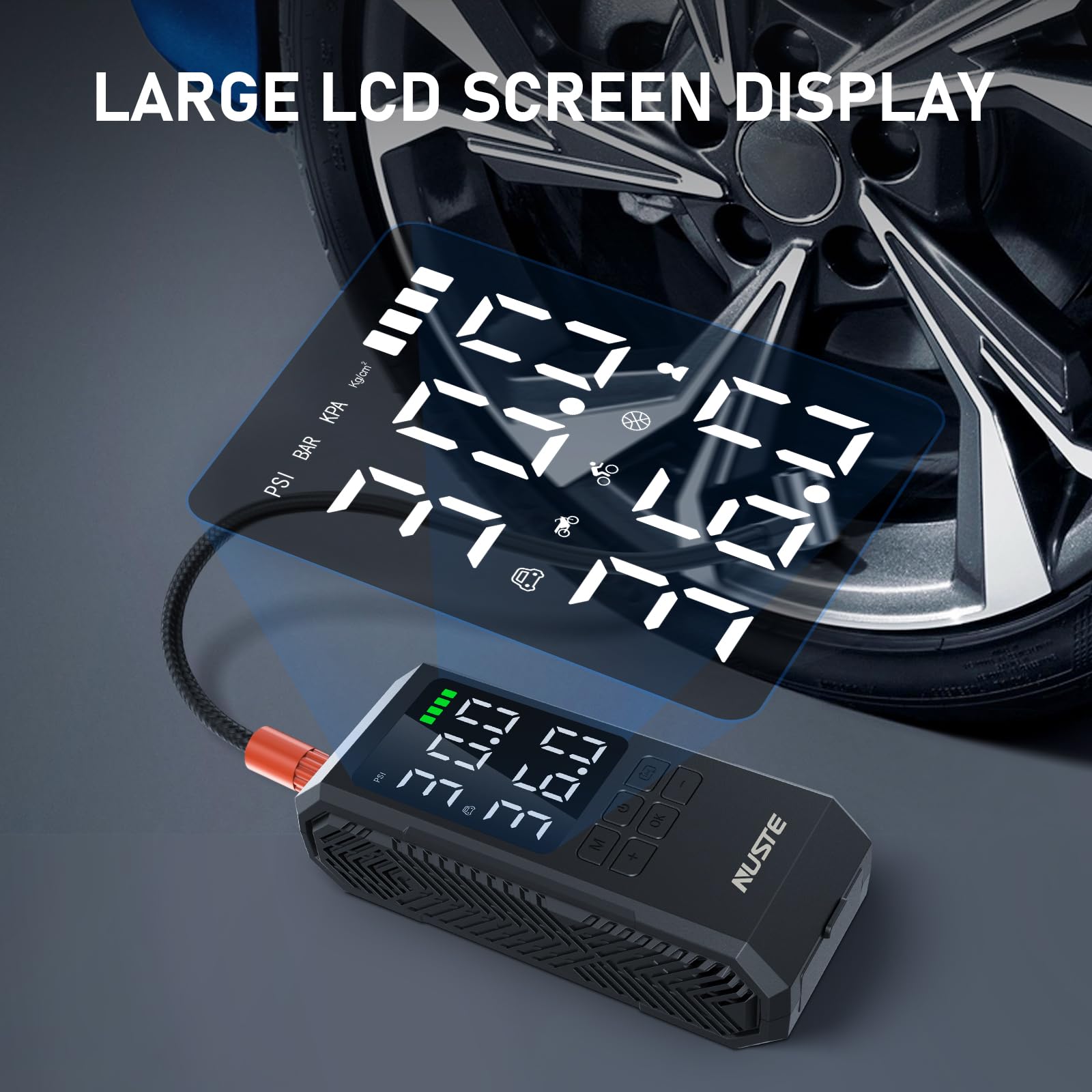 Nuste Tire Inflator Portable Air Compressor, Air Pump For Car Tires With Digital Pressure Gauge, 150Psi Rechargeable Battery, Le