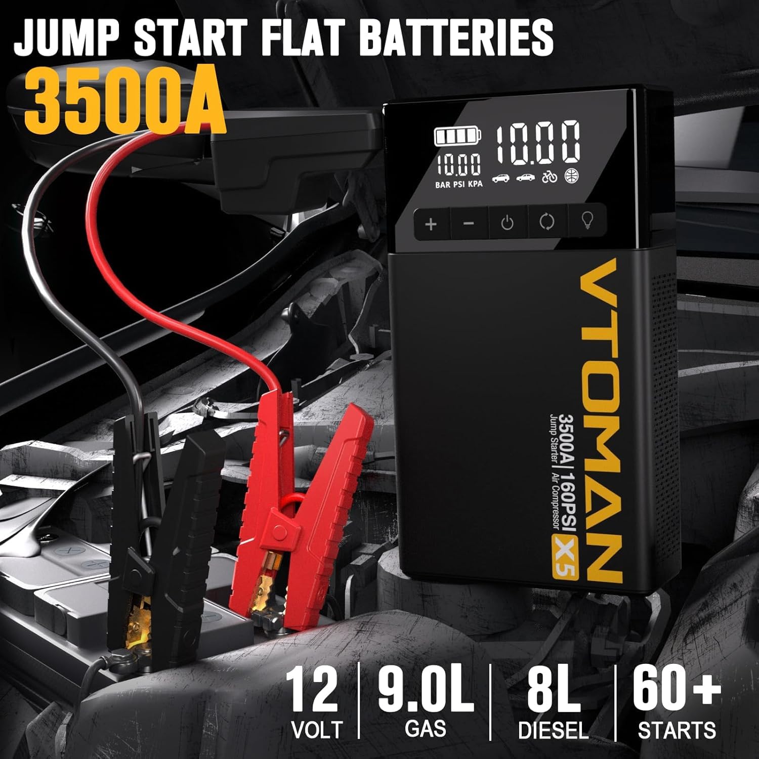 Vtoman X5 Jump Starter With Air Compressor, 3500A Portable Car Battery Booster (Up To 9L Gas/8L Diesel Engines) With 160Psi Digi