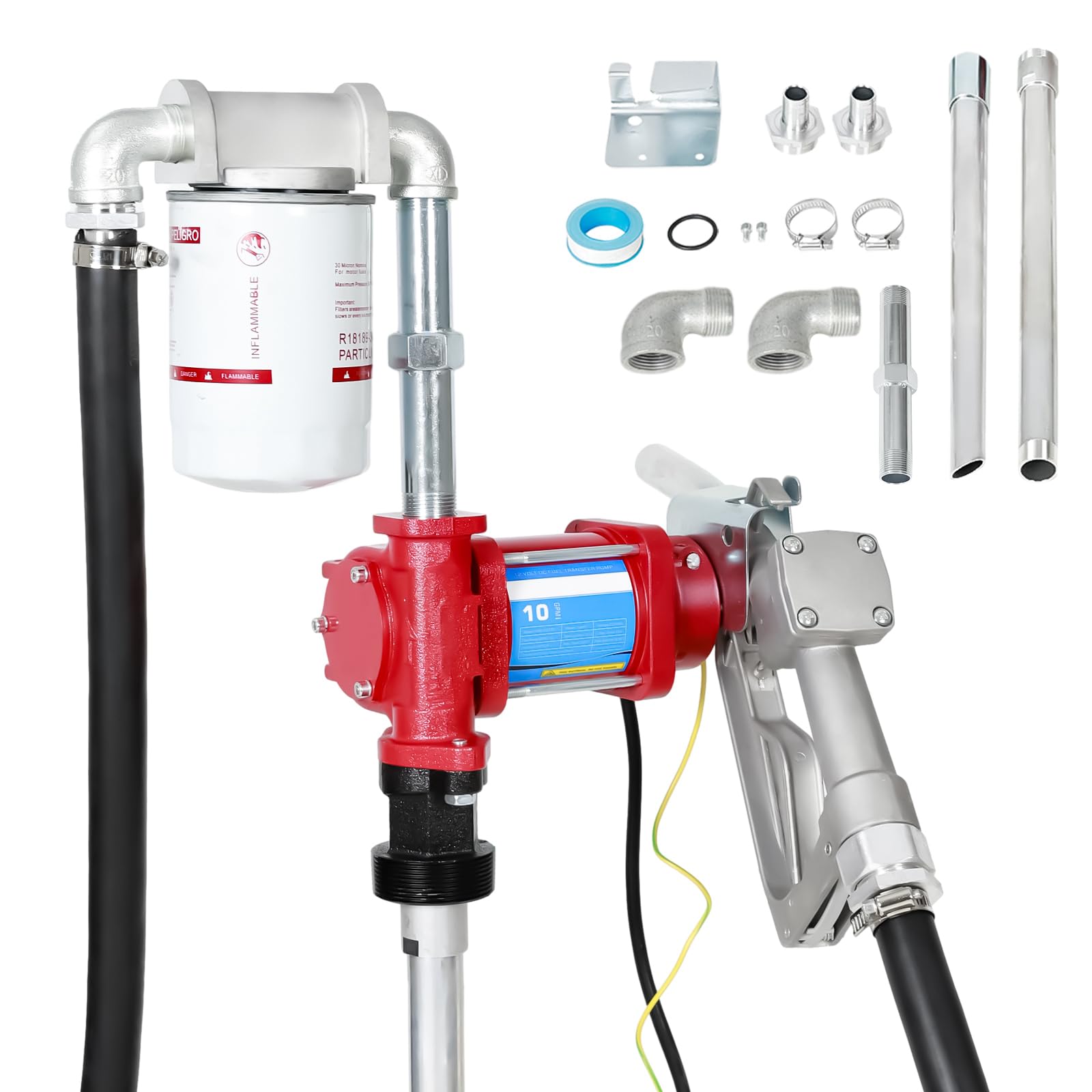 SUPERFASTRACING 10GPM 12V DC fuel transfer pump with Nozzle Kit for Gasoline Diesel Red with Particulate Filter