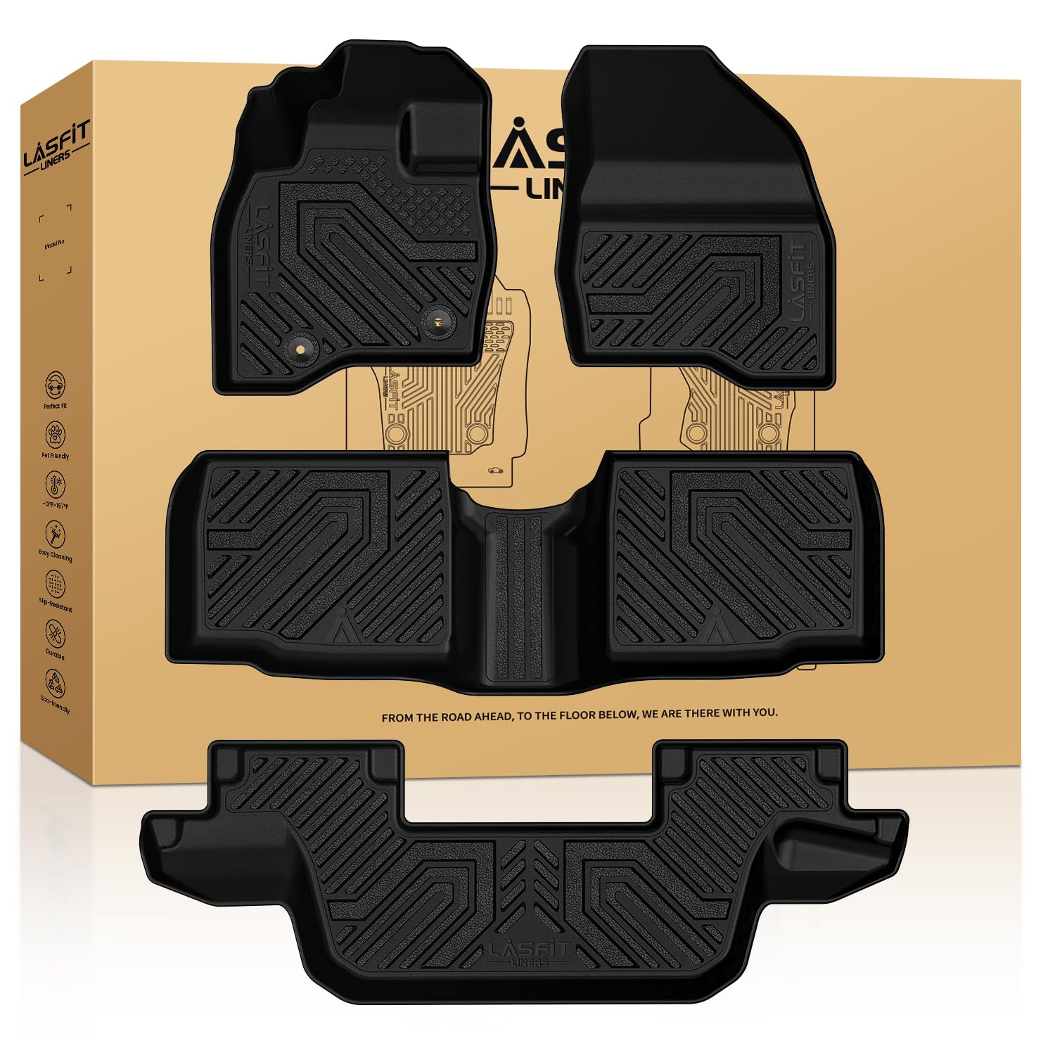 Lasfit Floor Mats For 2015-2019 Ford Explorer 7 Seater All Weather Tpe Car Liners Custom Fit For Front, Rear And 3Rd Row, Black 