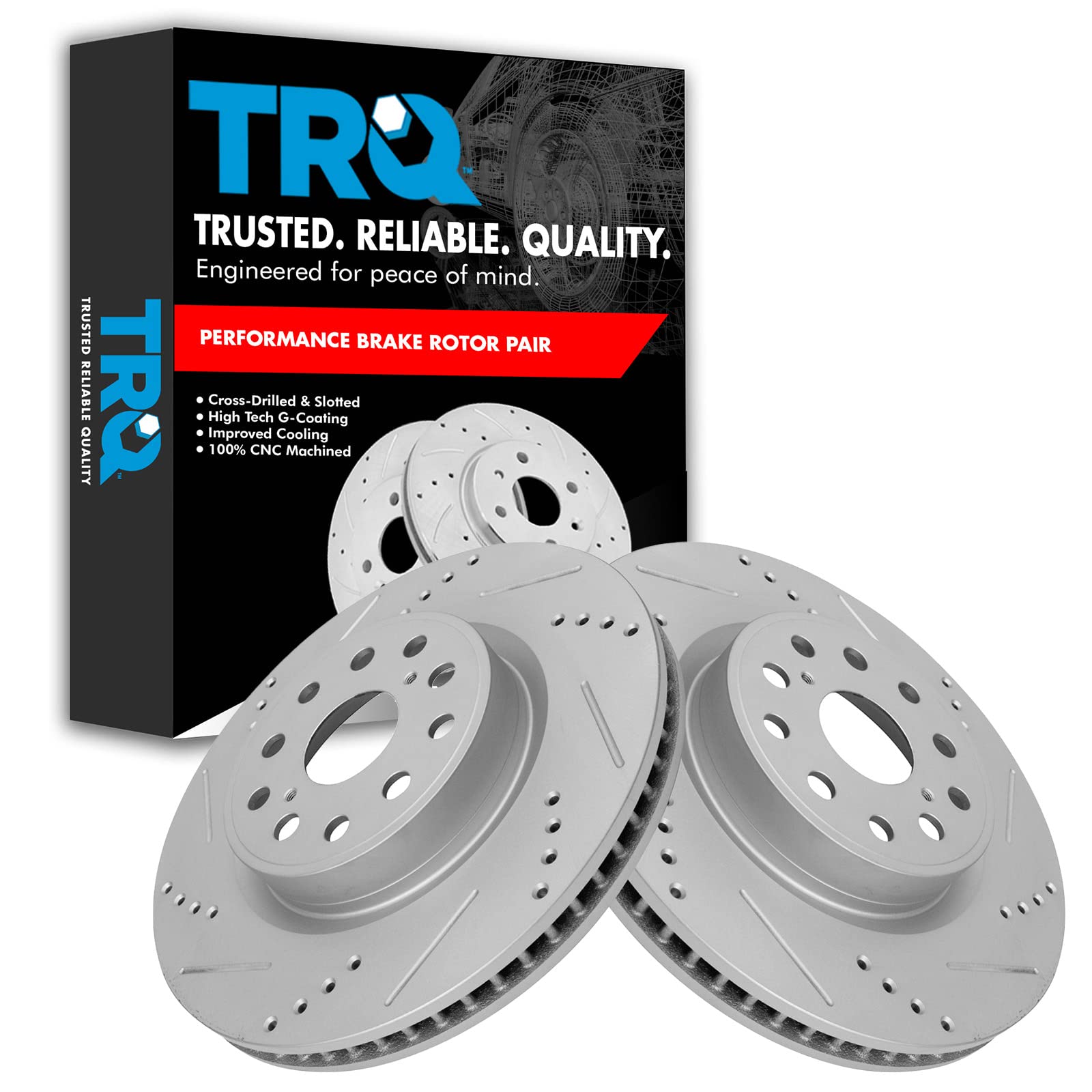 Trq Front Performance Brake Rotors Set Premium G-Coated Cross Drilled & Slotted Compatible With 2007-2017 Lexus Ls460