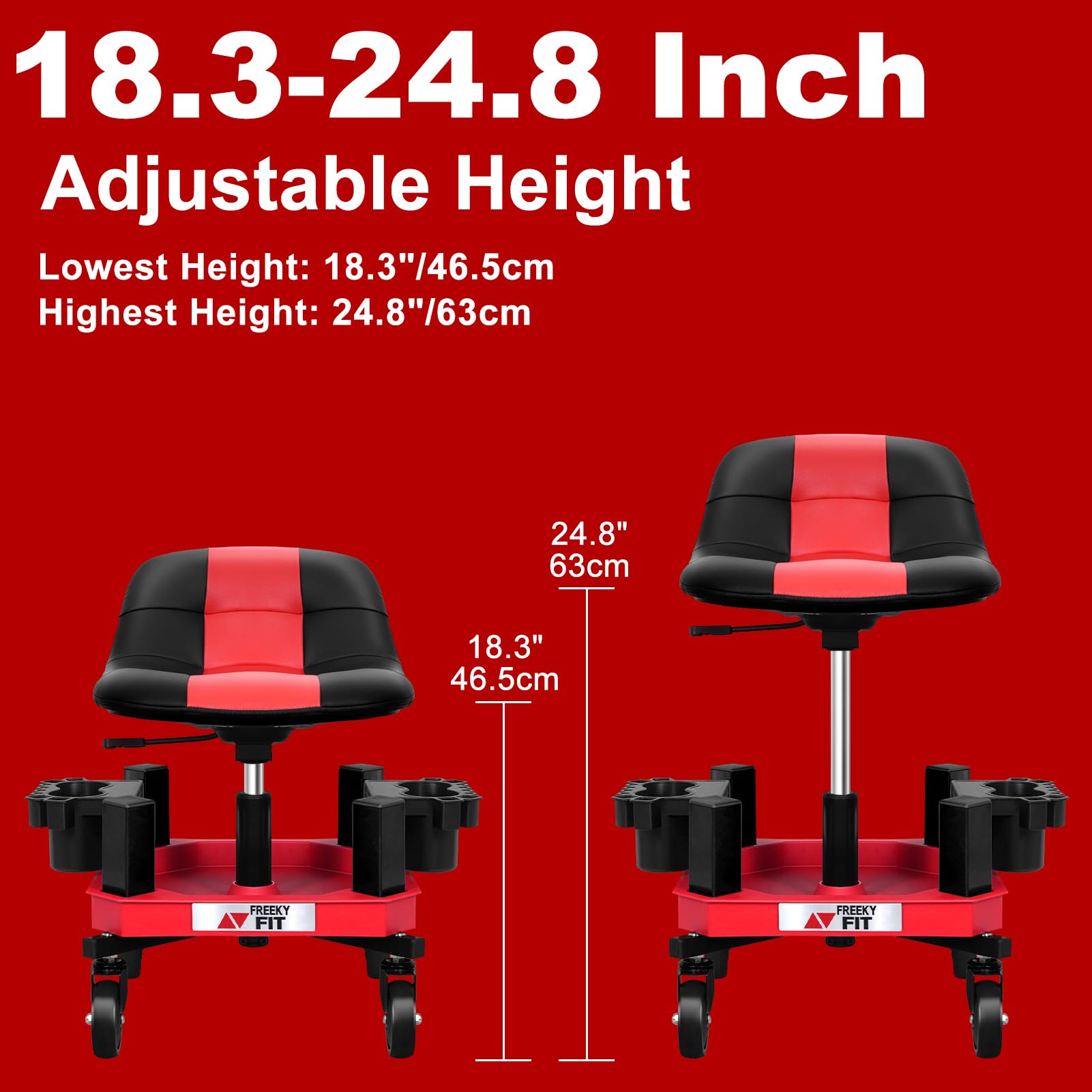 FreekyFit Rolling Shop Stool with Wheels, Adjustable Garage Mechanic Stool Seat Shop Roller Work Chair Mobile Rolling Seat with