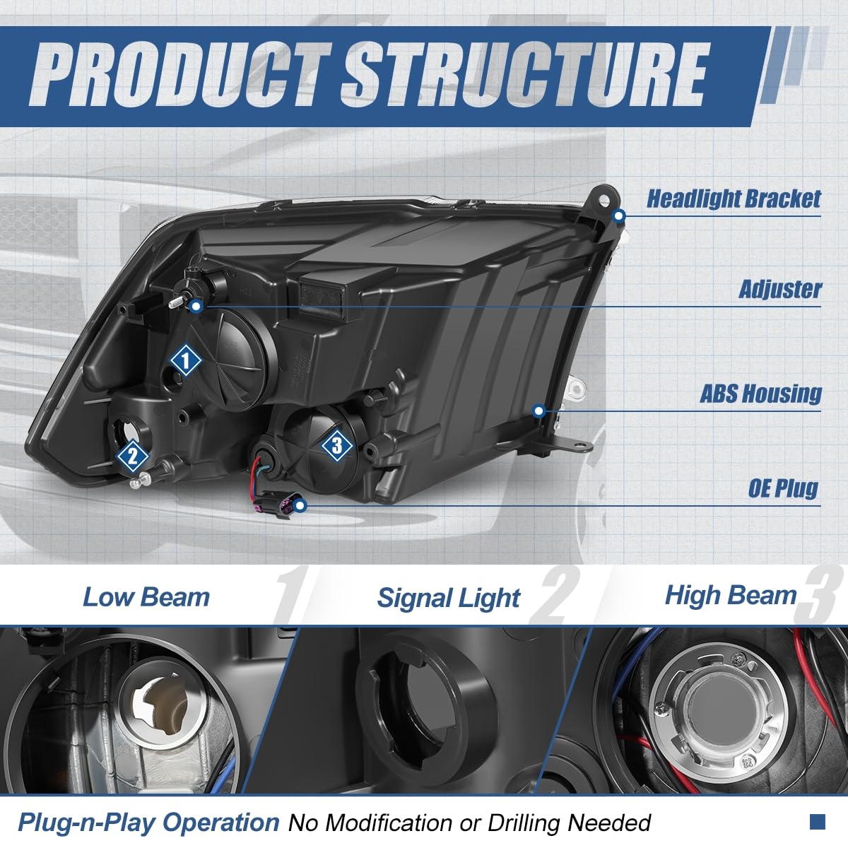 Auto Dynasty Quad Headlights Assembly Compatible With 2009-2010 Dodge Ram 1500 2500 3500, 2011-2018 Ram 1500 2500 3500 4500 5500
