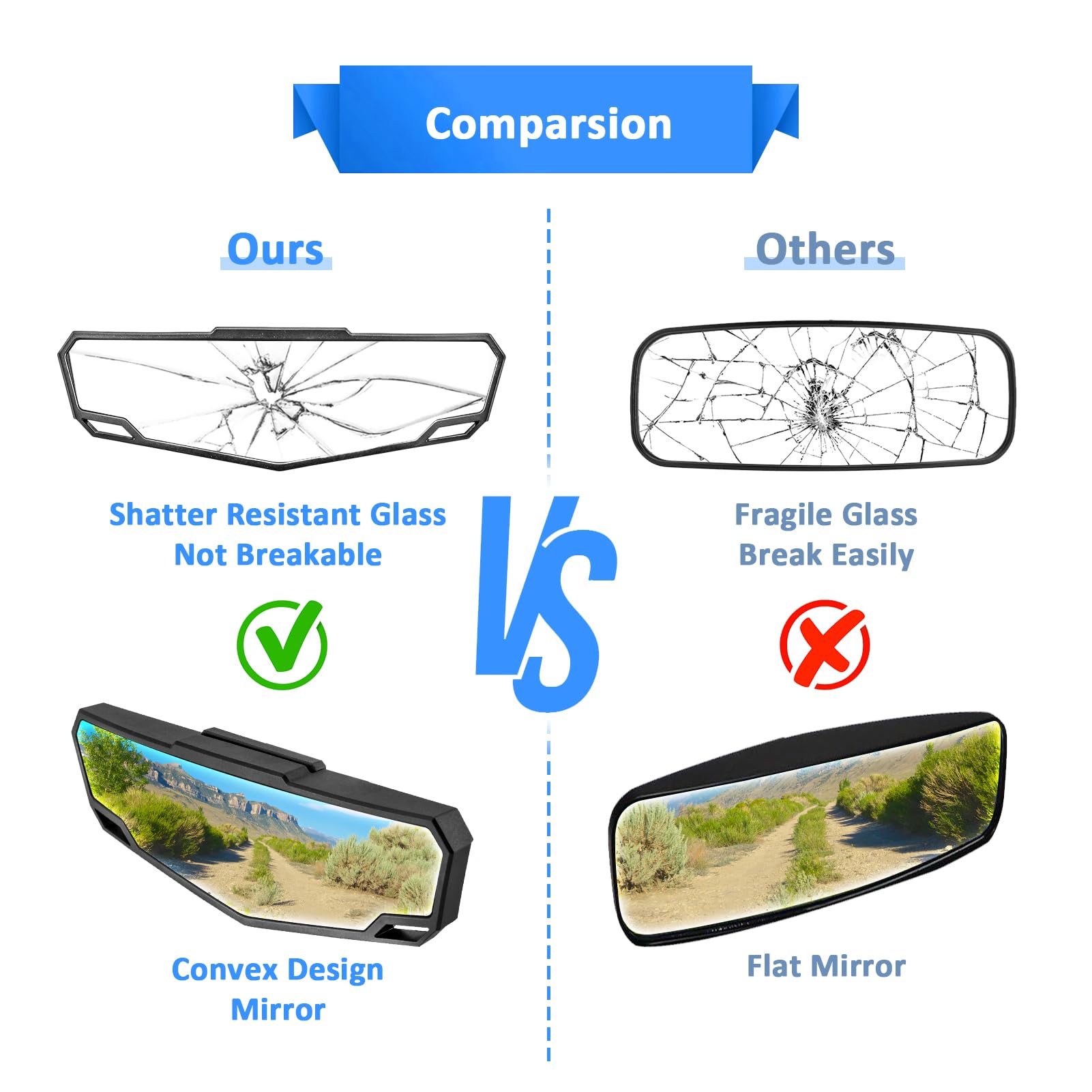 Wsays UTV Center Rear View Mirror Adjustable Angle fits 1.5-2'' Round Roll Bar Rear Center Convex Mirror Compatible with RZR Mav