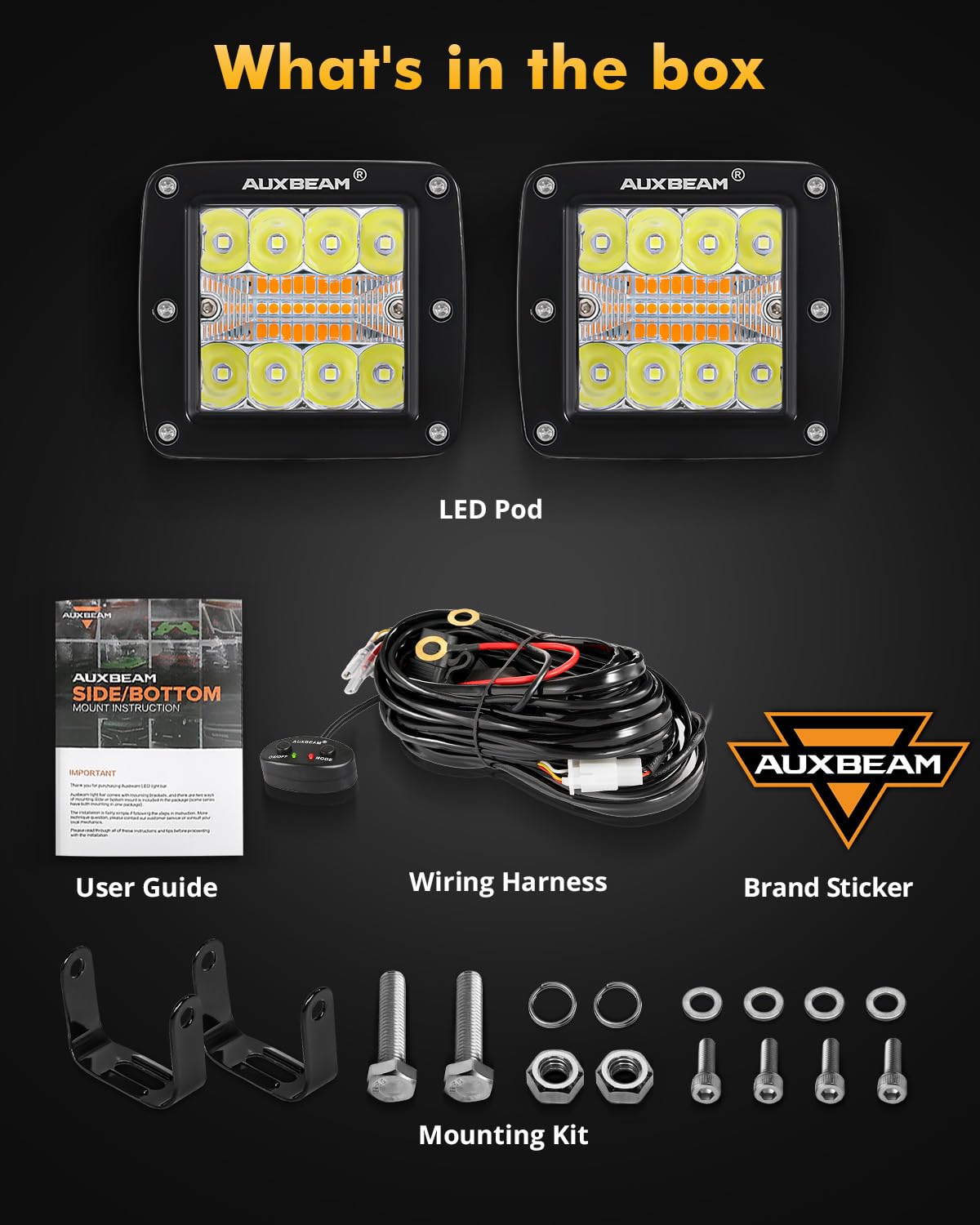 Auxbeam 6 Modes Amber White Series, 3Inch 72W Led Cubes Dual Color Off-Road Strobe Lights, Flood Spot Combo Offroad Fog Ditch Li
