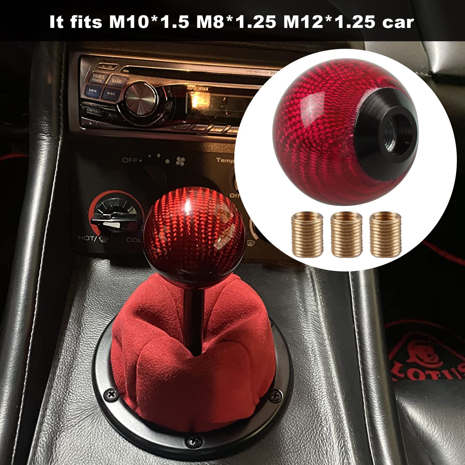 RYANSTAR Carbon Fiber Shift Knob Gear Shifter Knobs with 3 Adapters Round Ball Stick Shifter Level Red