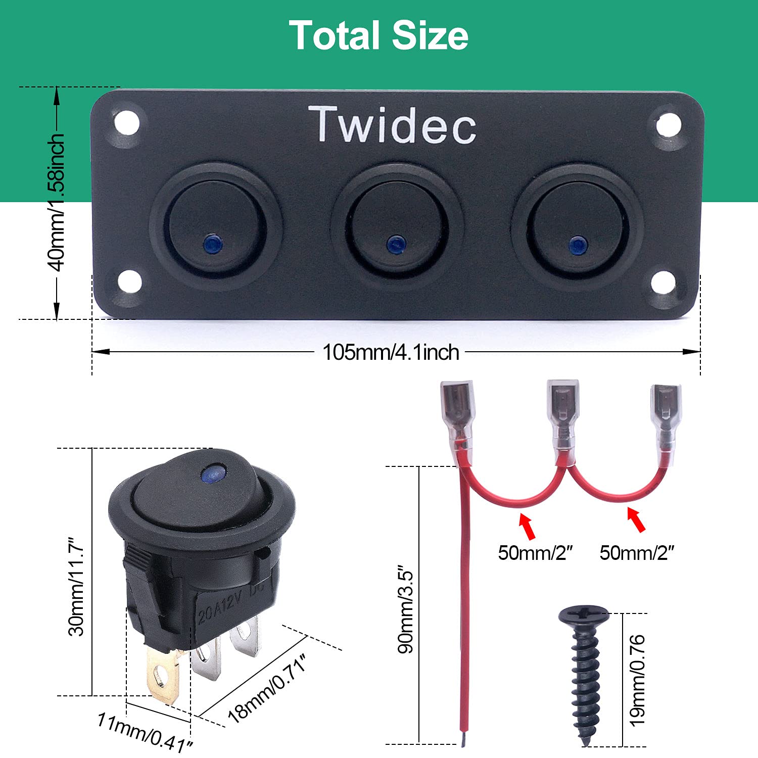 Twidec/3 Gang Rocker Toggle Switch Panel With 12V Dc Round Dot Lighted 20A 3 Pins On/Off Spst Switch Control For Car Or Boat Blue Led Light Kcd2-102N-Bu-Xbz