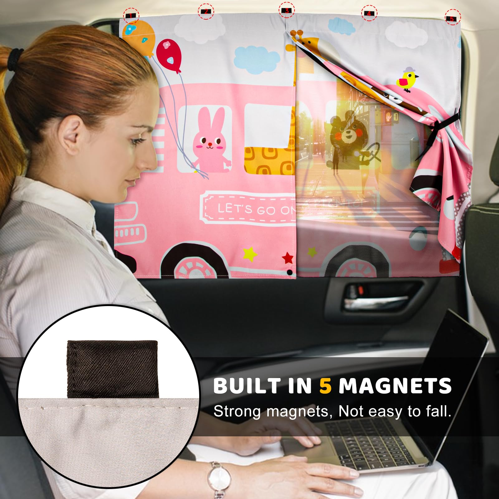 Car Window Shades, 2Pcs Magnetic Car Curtains For Side Windows Privacy Full Covers/Half Shade Options, Cute Cartoon Auto Sunshad