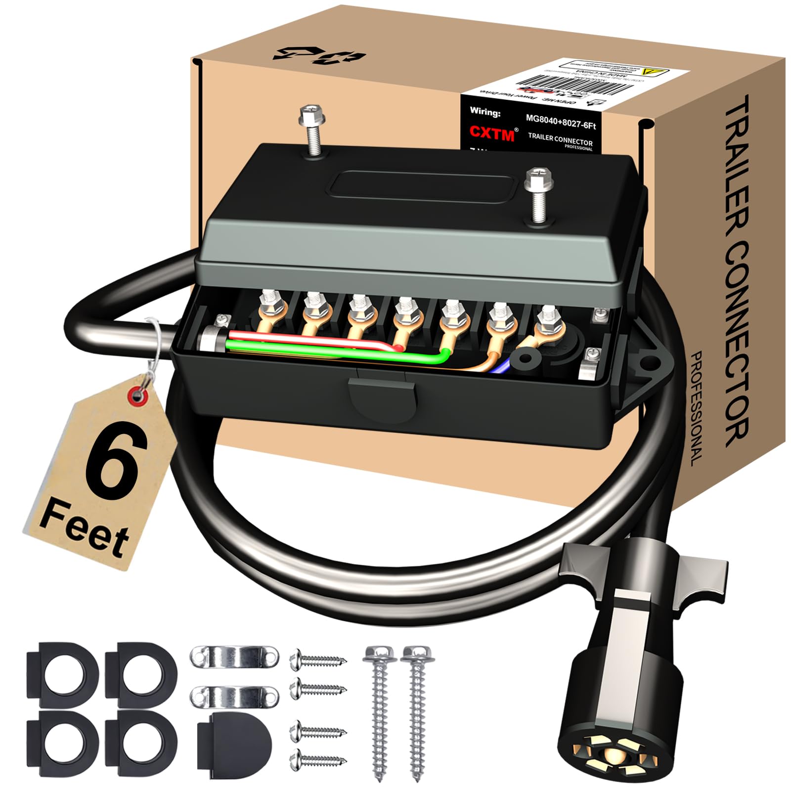 CXTM 7 Pin Trailer Wiring Harness with 7 Gang Junction Box - 6 Feet, Heavy Duty 7-Pin Trailer Cord Wire Cable, 7 Way Trailer Plu