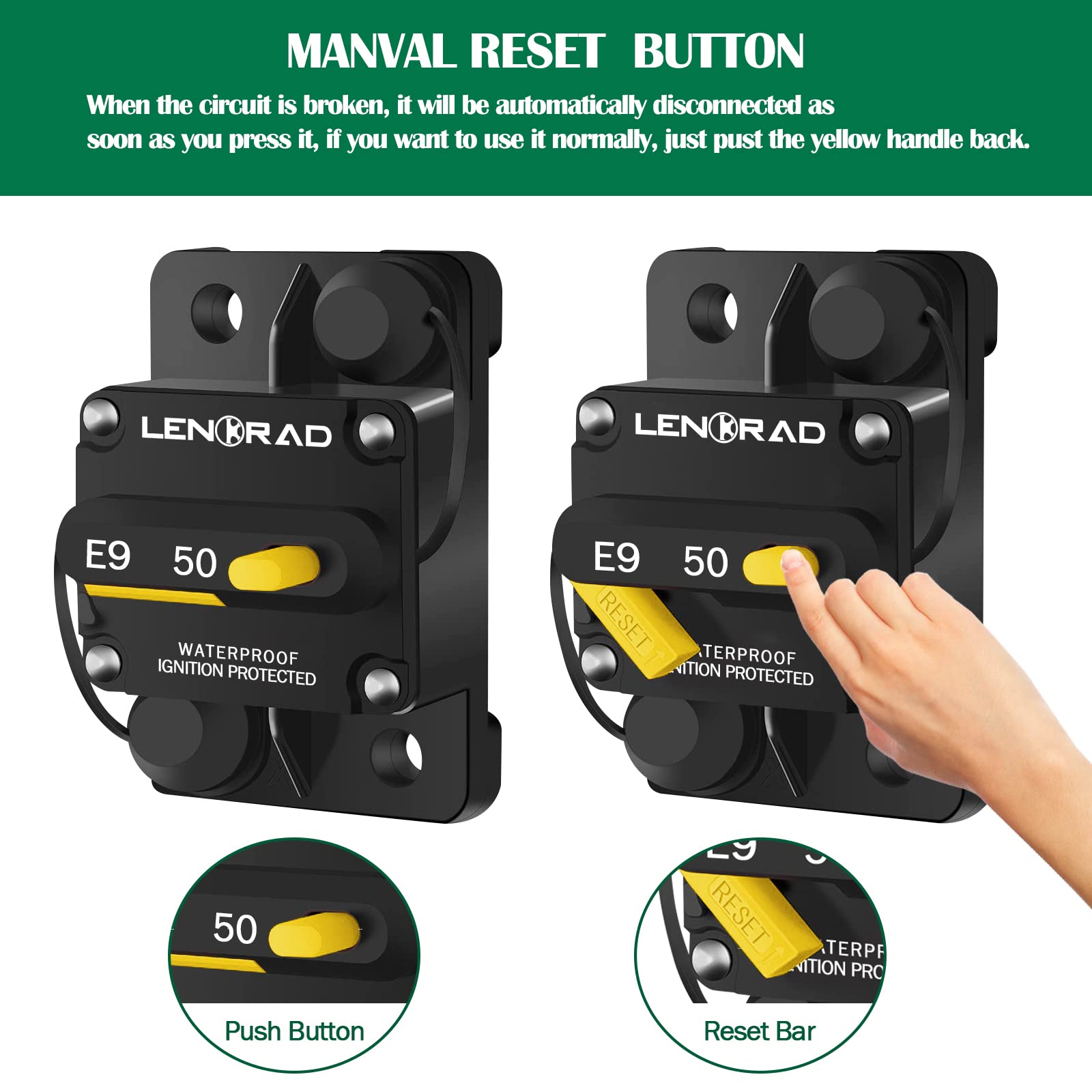 Lenkrad 50 Amp Circuit Breaker 12V With Manual Reset Switch Button For Boat Marine Rv Yacht, Boat Circuit Breakers 12V - 48V Dc, Waterproof(Surface Mount)