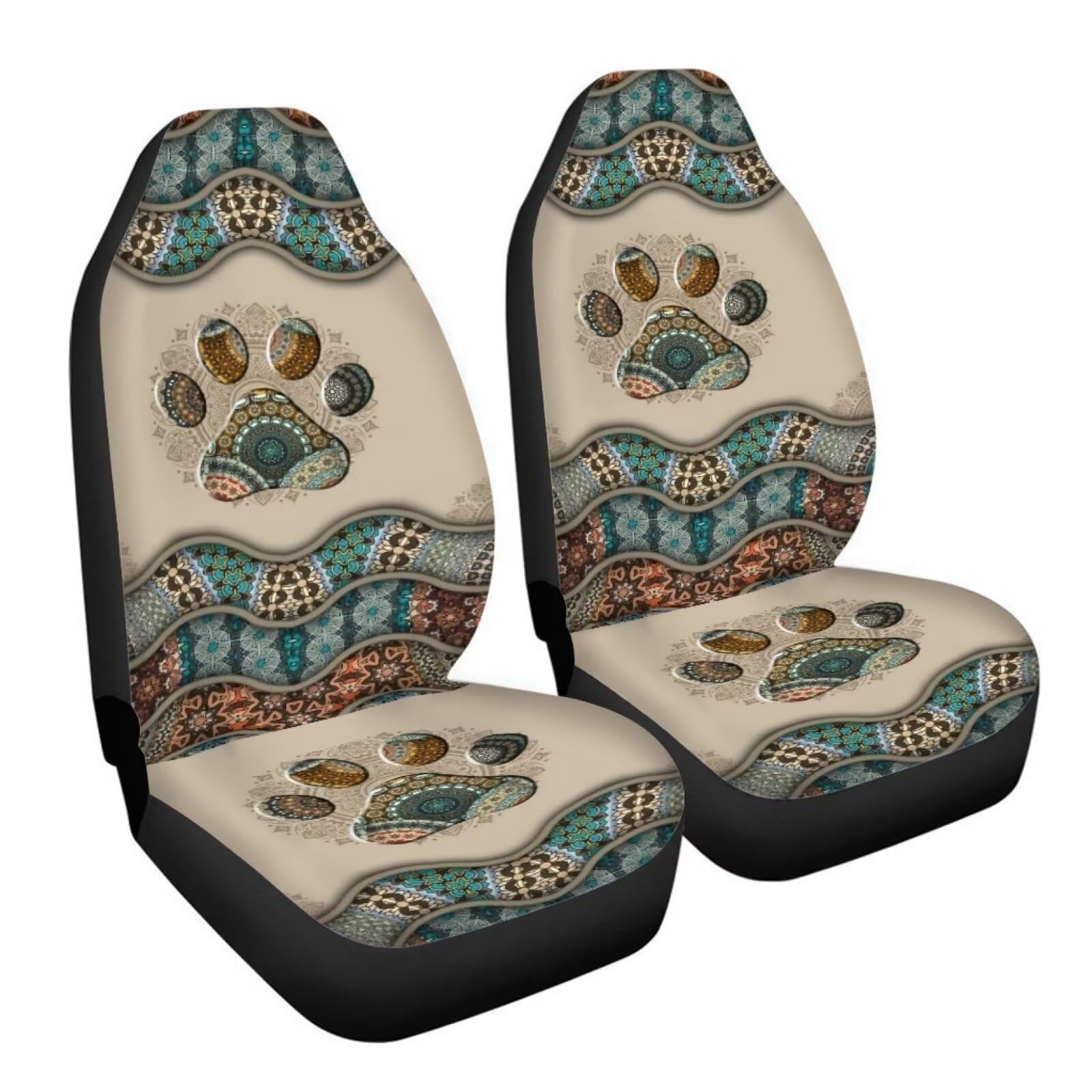 Bigcarjob Boho Car Seat Covers Set For Front Only Boho Dog Paw Print Car Interior Accessories Cute Seat Protector For Cars Saddl