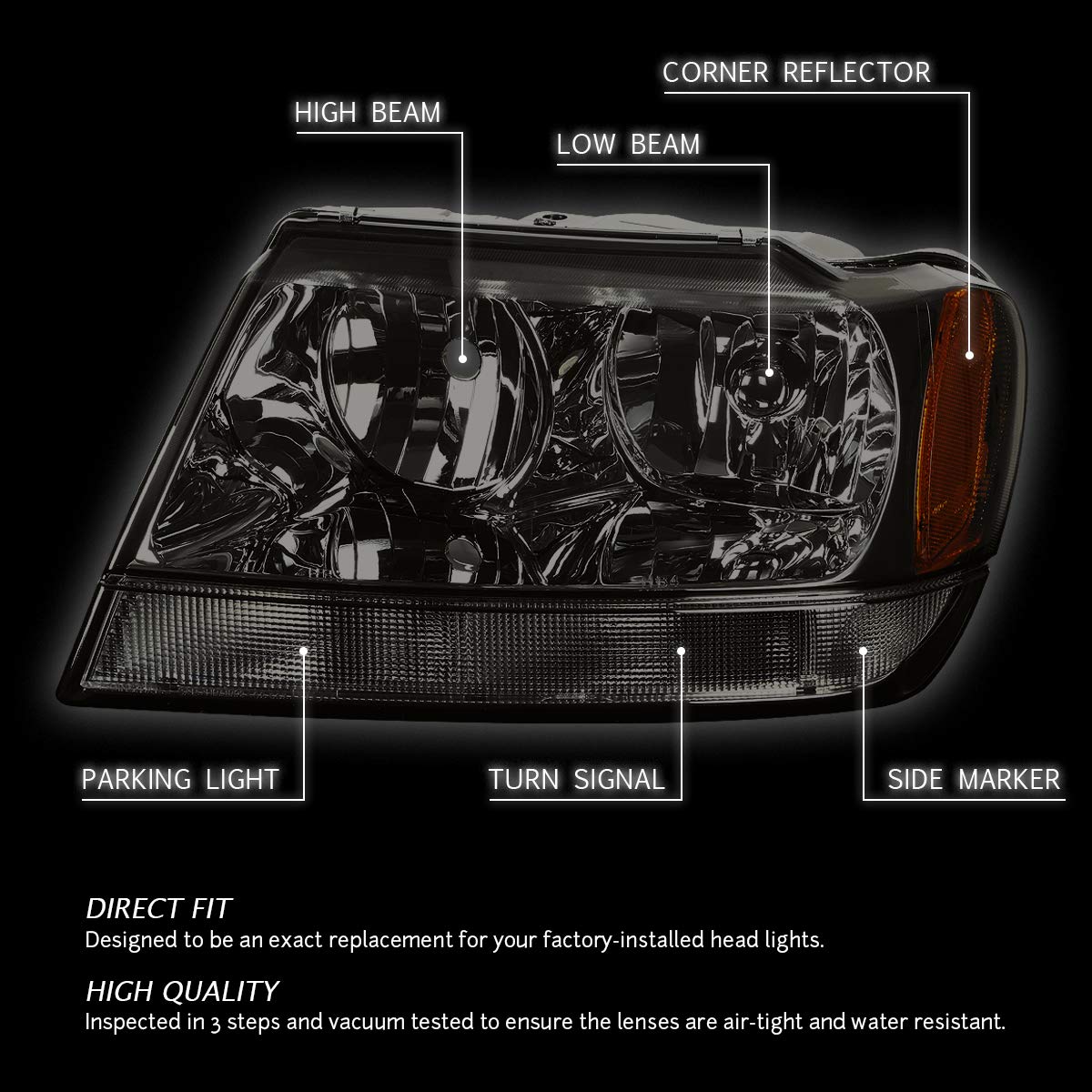 Dna Motoring Hl-Oh-Jgc99-Sm-Am Smoked Amber Headlights Assembly Replacement Compatible With 99-04 Jeep Grand Cherokee