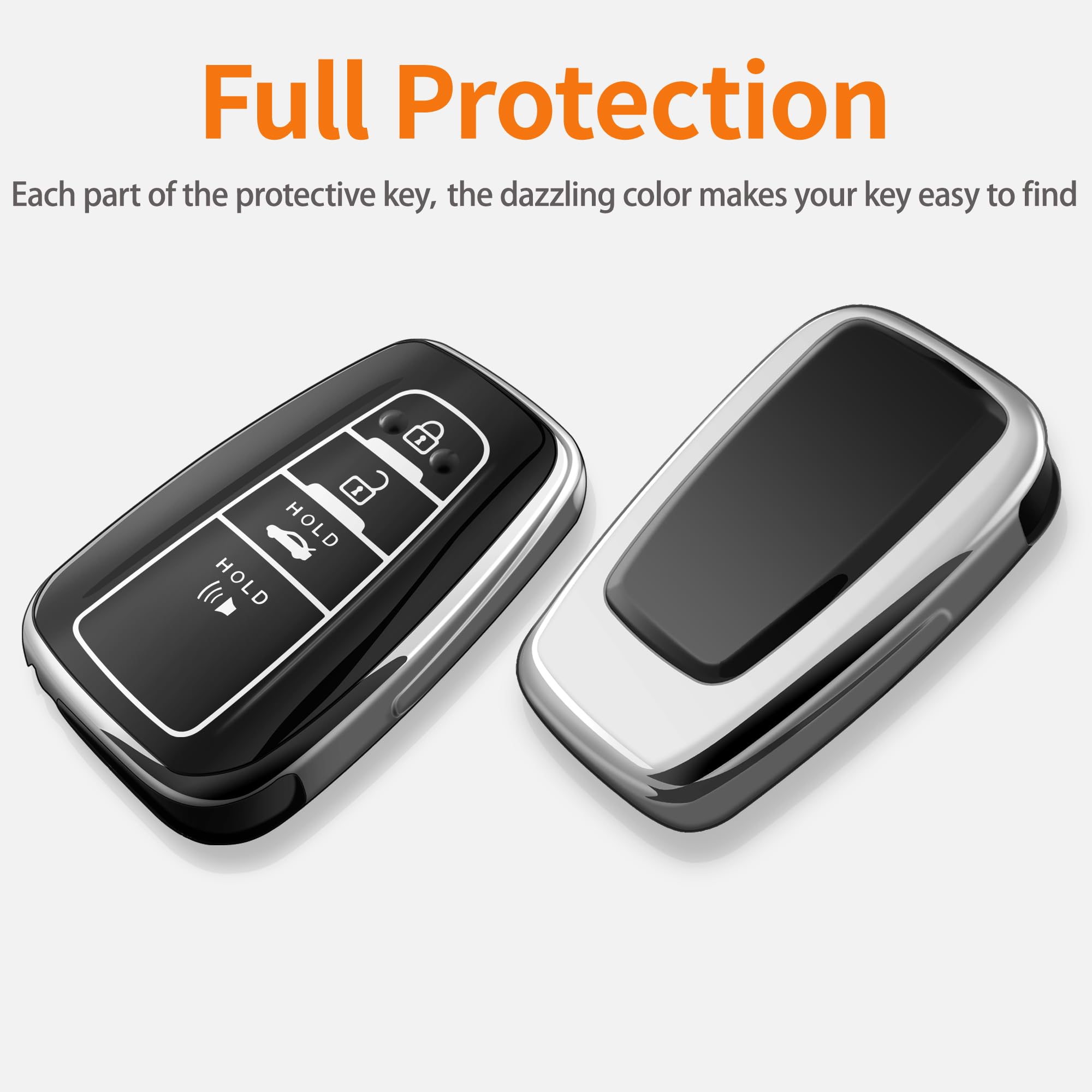 Sindeda Compatible With Toyota Key Fob Cover With Leather Keychain,Soft Tpu Full Cover Protection,Key Fob Case For Rav4 Camry Avalon Corolla Highlander C-Hr Prius Smart Remote,Key Fob Shell-Silver