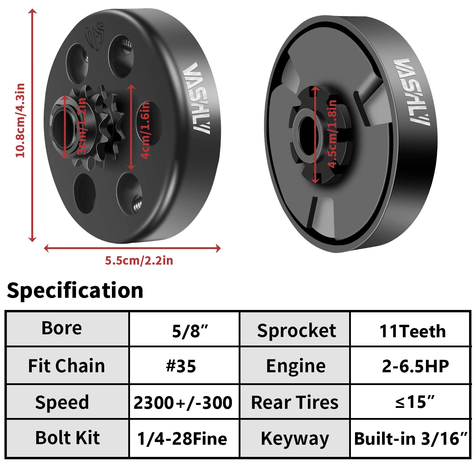 Vashly Go Kart Clutch 5/8" Bore 11 Tooth For #35 Chain Predator 212 Clutch 11T Centrifugal Clutch Perfect For Go Kart, Minibike And Fun Kart Engine