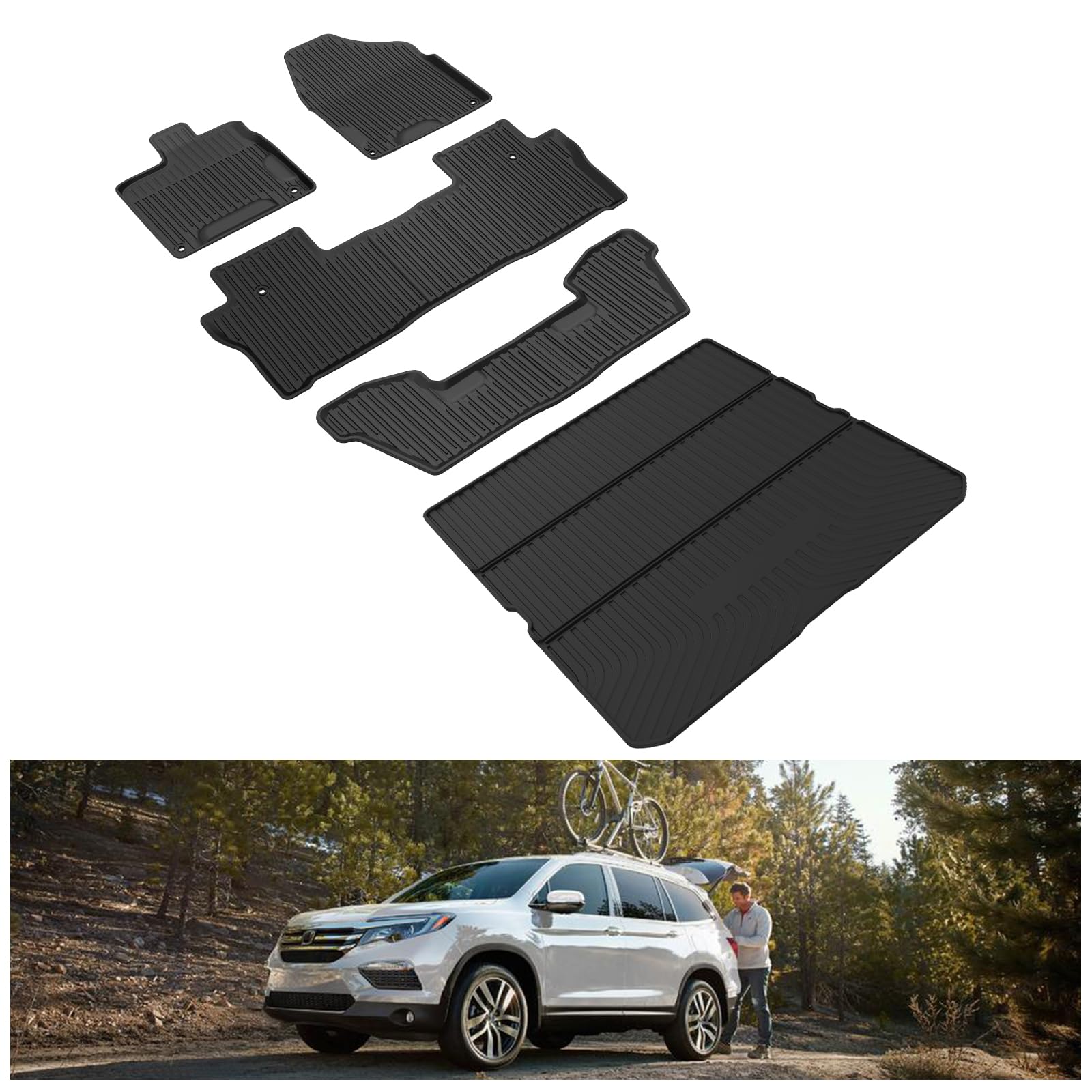 Kiwi Master Floor Mats & Trunk Mat For 2016-2022 Honda Pilot Oem Replacement 08P17-Tg7-300 08U45-Tg7-100 All Weather Mat Front &