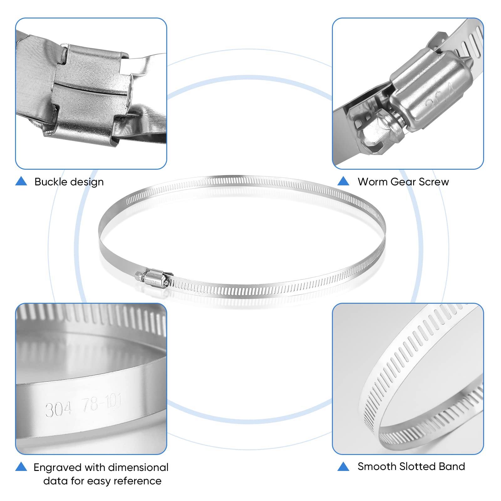 Ticonn 6Pcs Hose Clamp Set - 12 ' ' 304 Stainless Steel Worm Gear Hose Clamps For Pipe, Intercooler, Plumbing, Tube And Fuel Lin