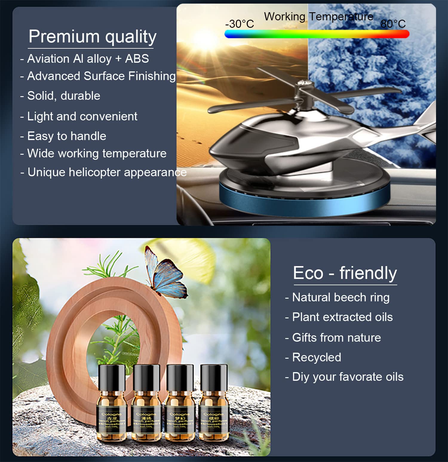 Niceada Car Air Fresheners, Al Alloy Solar Powered Rotating Incense Helicopter Diffuser, Home And Car D  Cor Accessories (Blue)