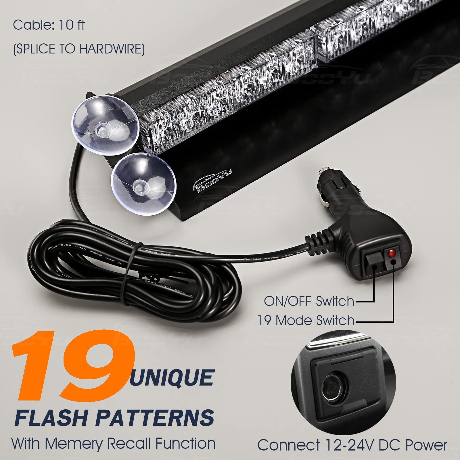 Booyu 14.8In Led Windshield Emergency Strobe Dash Light Bar 12/24V Interior Visor Deck Flashing Hazard Safety Warning Lights For Police Law Enforcement Pov Trucks Vehicles [Amber/Blue][12 Leds][18W]