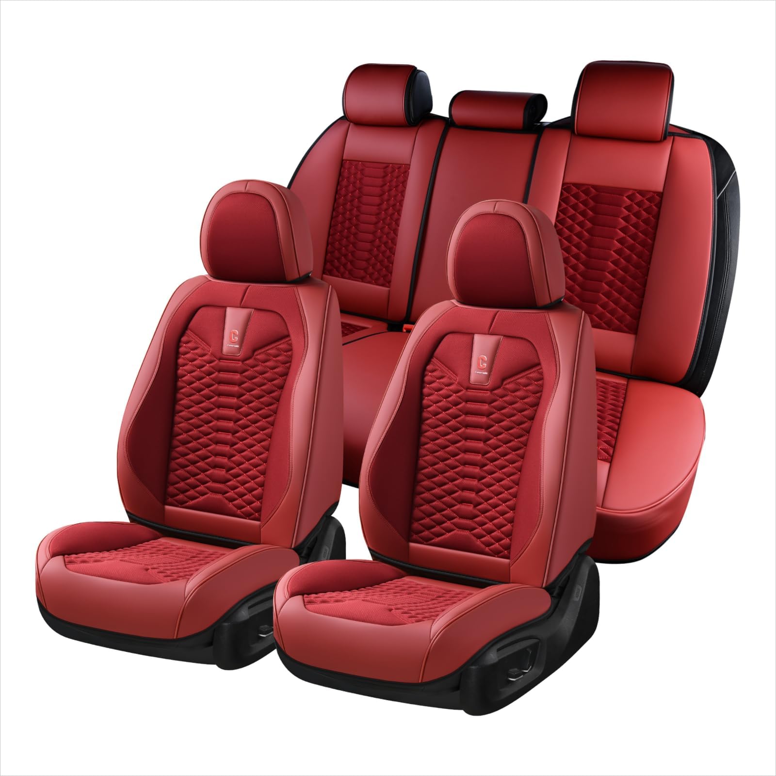 Coverado Car Seat Covers Full Set, Red Seat Covers For Cars 5 Seats, Breathable Fabric& Faux Leather Car Seat Cushions, Front An