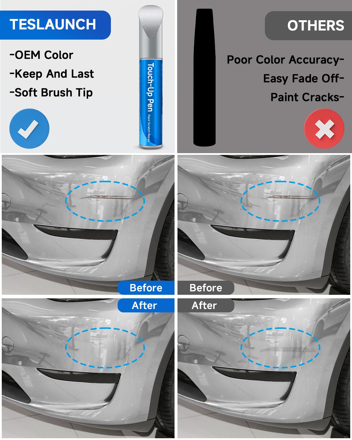 Teslaunch Lunar Silver(NEU-296E) Touch Up Paint for Tesla Model 3/Y/S/X - OEM Original Touch Up Paint Pen for Scratches Repair (