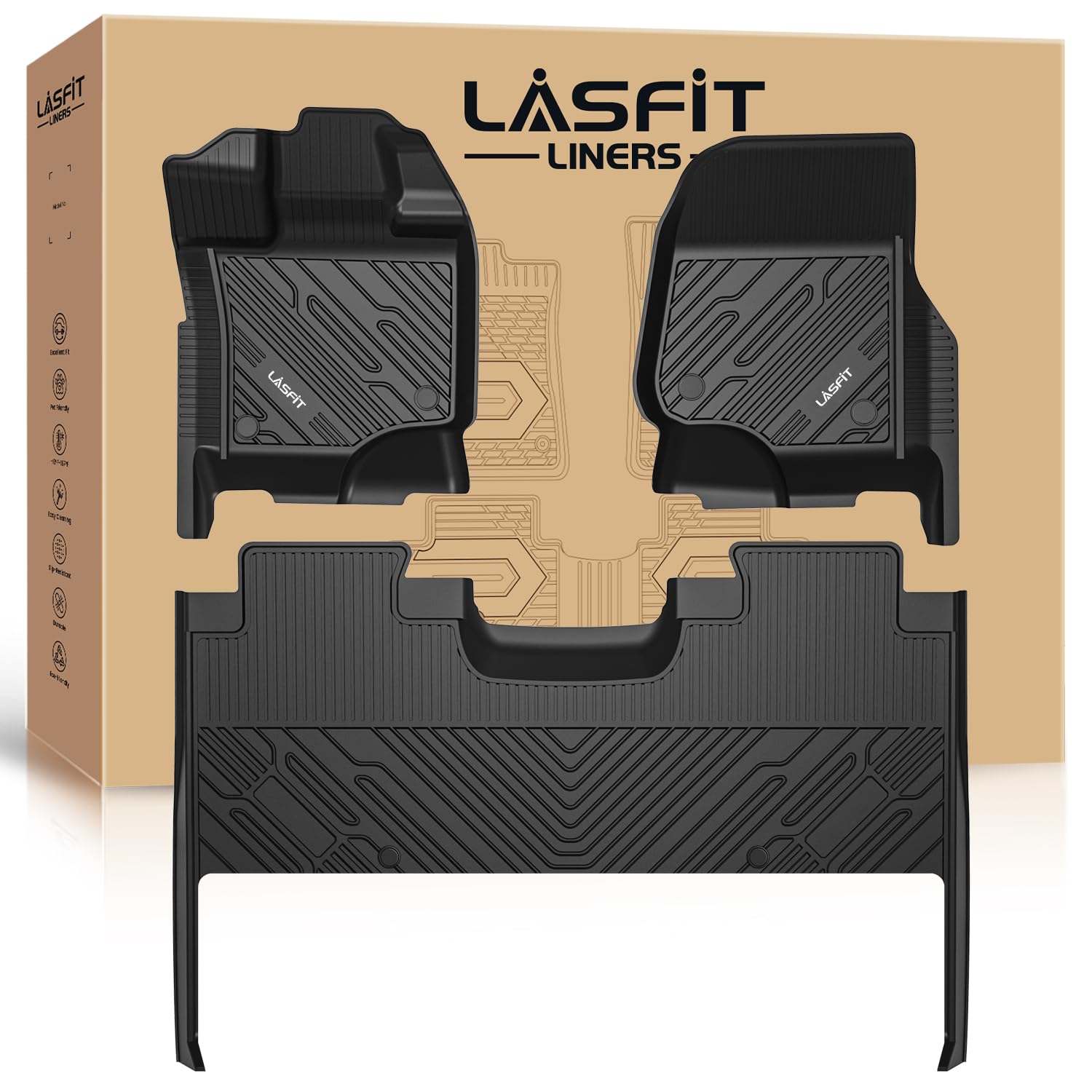 Lasfit Floor Mats For Ford F-150 2015-2025 | F150 Lightning 22-24 Supercrew (Rear With Fold Flat Storage) All Weather Car Liners