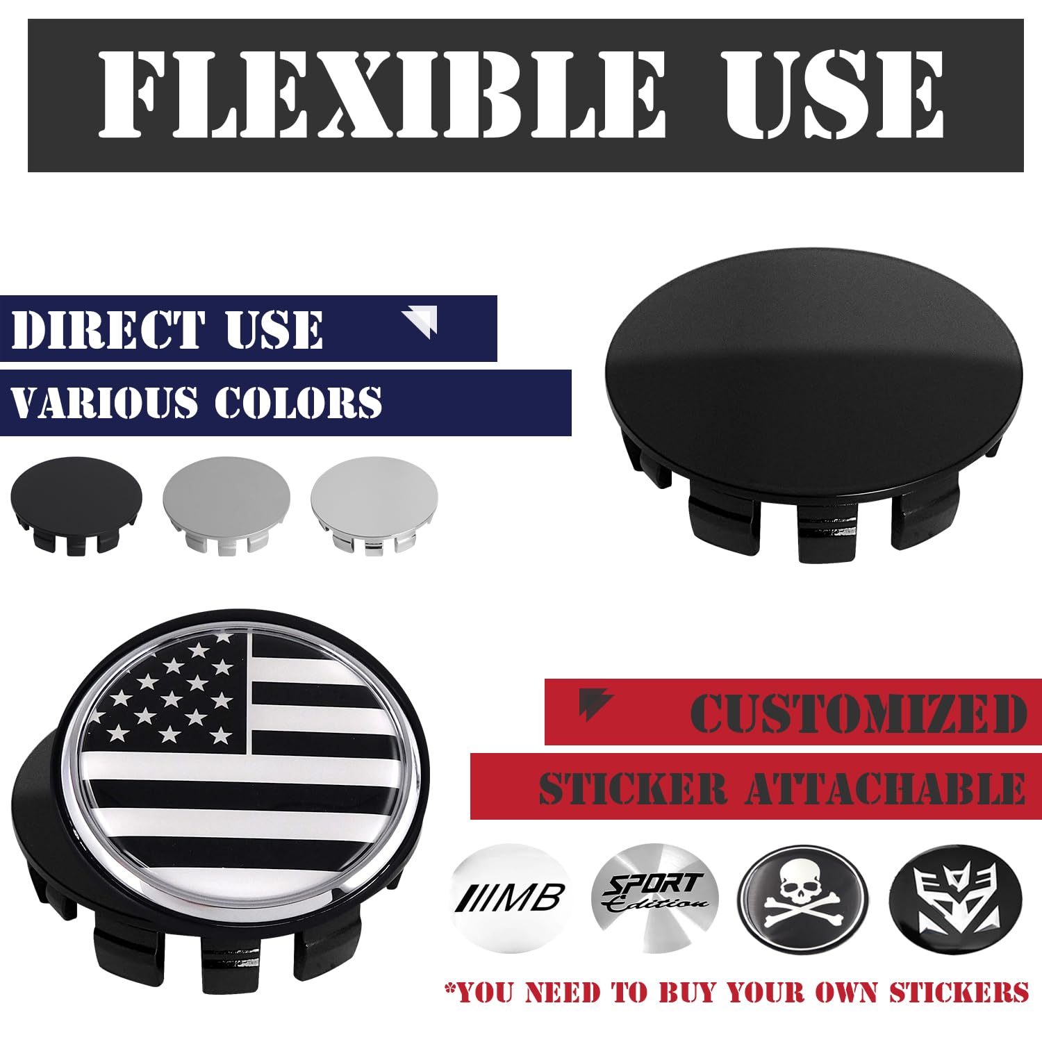 Kitspro 2.4Inch 62Mm Wheel Center Caps, Pack Of 4 (Gloss Black, Outer 62Mm, Inner 56Mm)