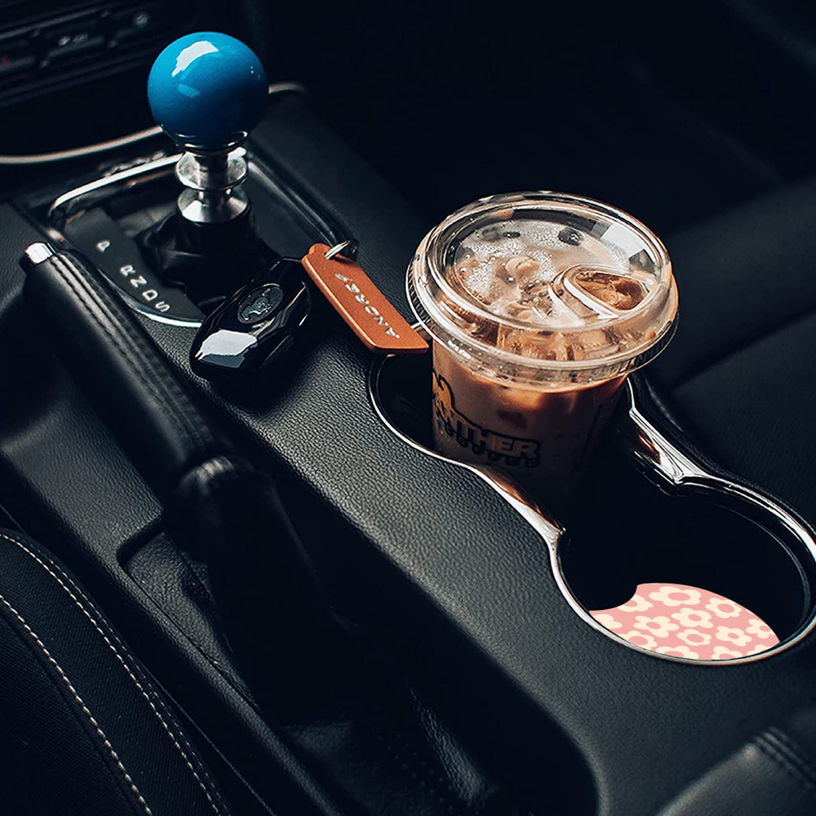 Abstract Pink Flower Absorbent Car Cup Coasters,Cup Holders,Cork Base Drink Coasters With Finger Notch For Easy Move Of Car Cup