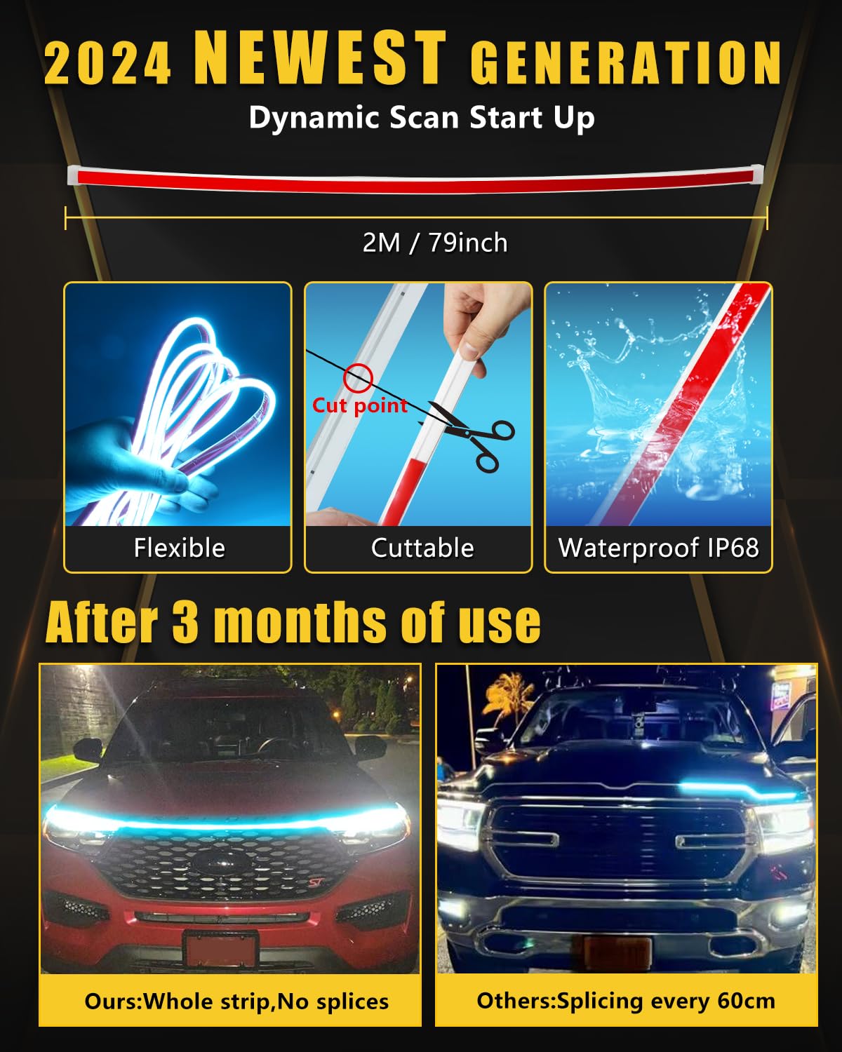 Sequential Turn Signal Light Strip Dynamic Scan Start Up Led Hood Lights Flexible Drl Daytime Running Light For Car,Truck,Suv,Du