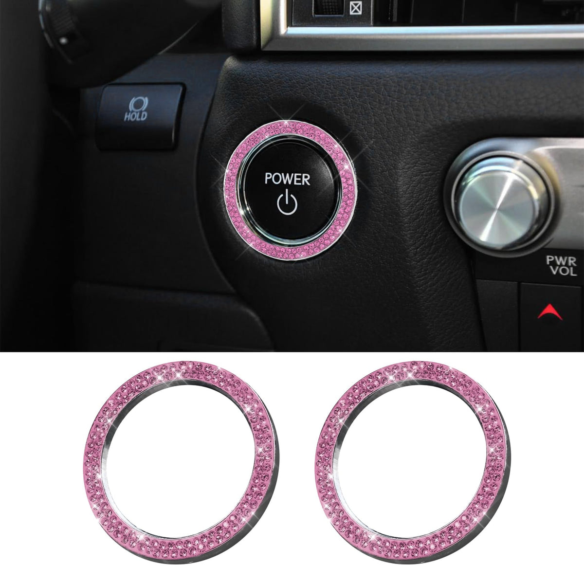 RGOAANC 2PCS Crystal Rhinestone Car Engine Start Stop Decoration Ring, Anti-Scratch Key Ignition & Knob Bling Ring, Car Accessor