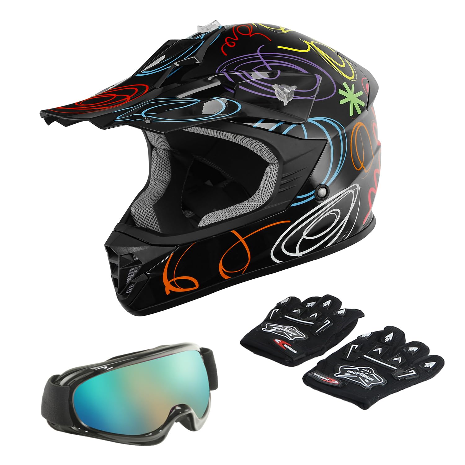 Tct-Motorparts Dot Youth Kids Motocross Atv Helmets Offroad Street Dirt Bike Go-Kart Bmx Mx Full Face Helmet Black W/Graffiti La