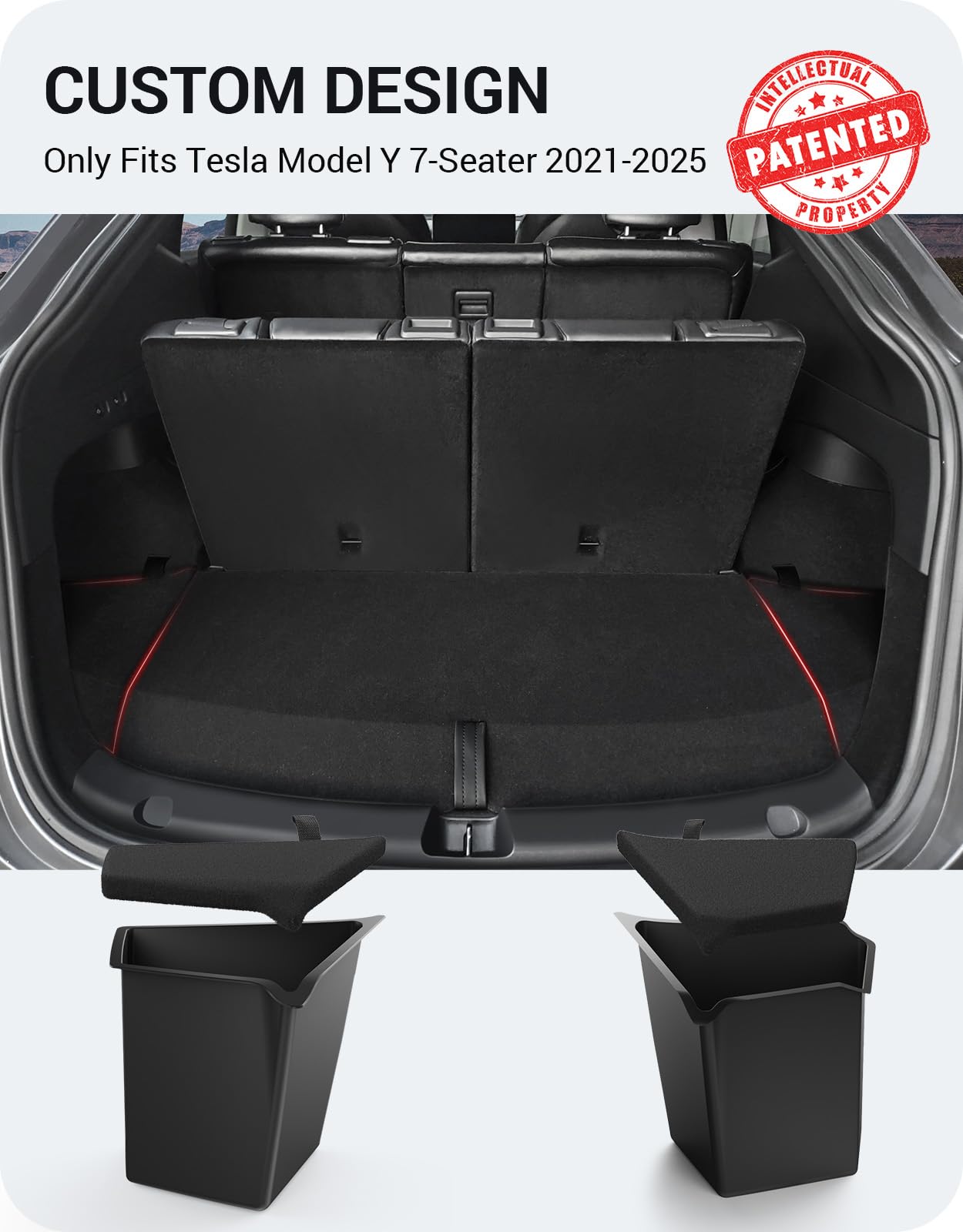 Basenor 2021-2025 Tesla Model Y 7-Seater Trunk Storage Bins, Trunk Organizer With Carpeted Lid, Rear Trunk Side Storage Box For