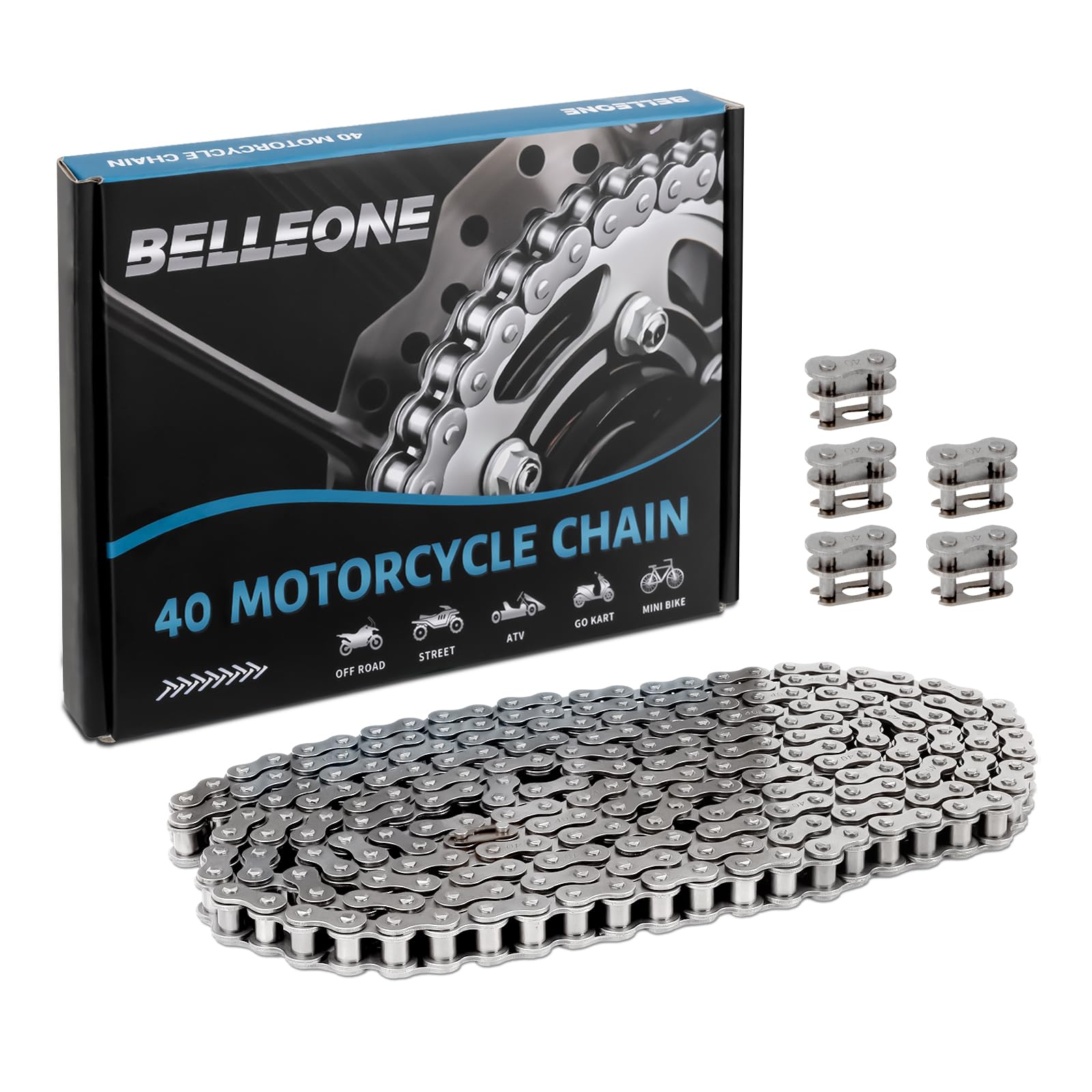 Belleone #40 Roller Chain - 10 Feet #40 Chain With 5 Connecting Links For Go Karts, Mini Bikes, Scooters, Motorcycles, Bycicles,