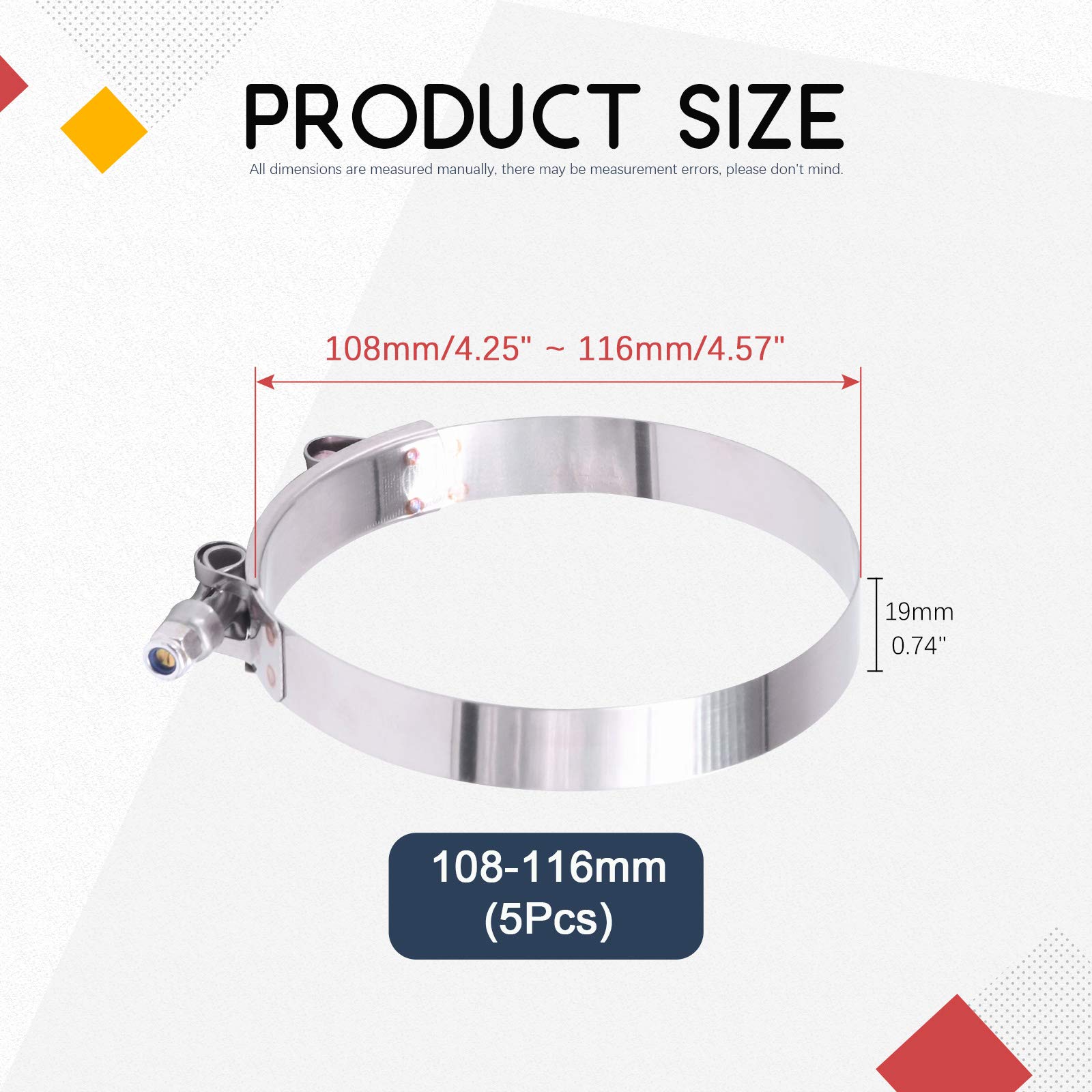 Hilitchi 5Pcs Stainless Steel T-Bolt Clamps With Rounded Band Edges Heavy Duty Turbo Intake Intercooler Clamp (108-116Mm) For 4Inch