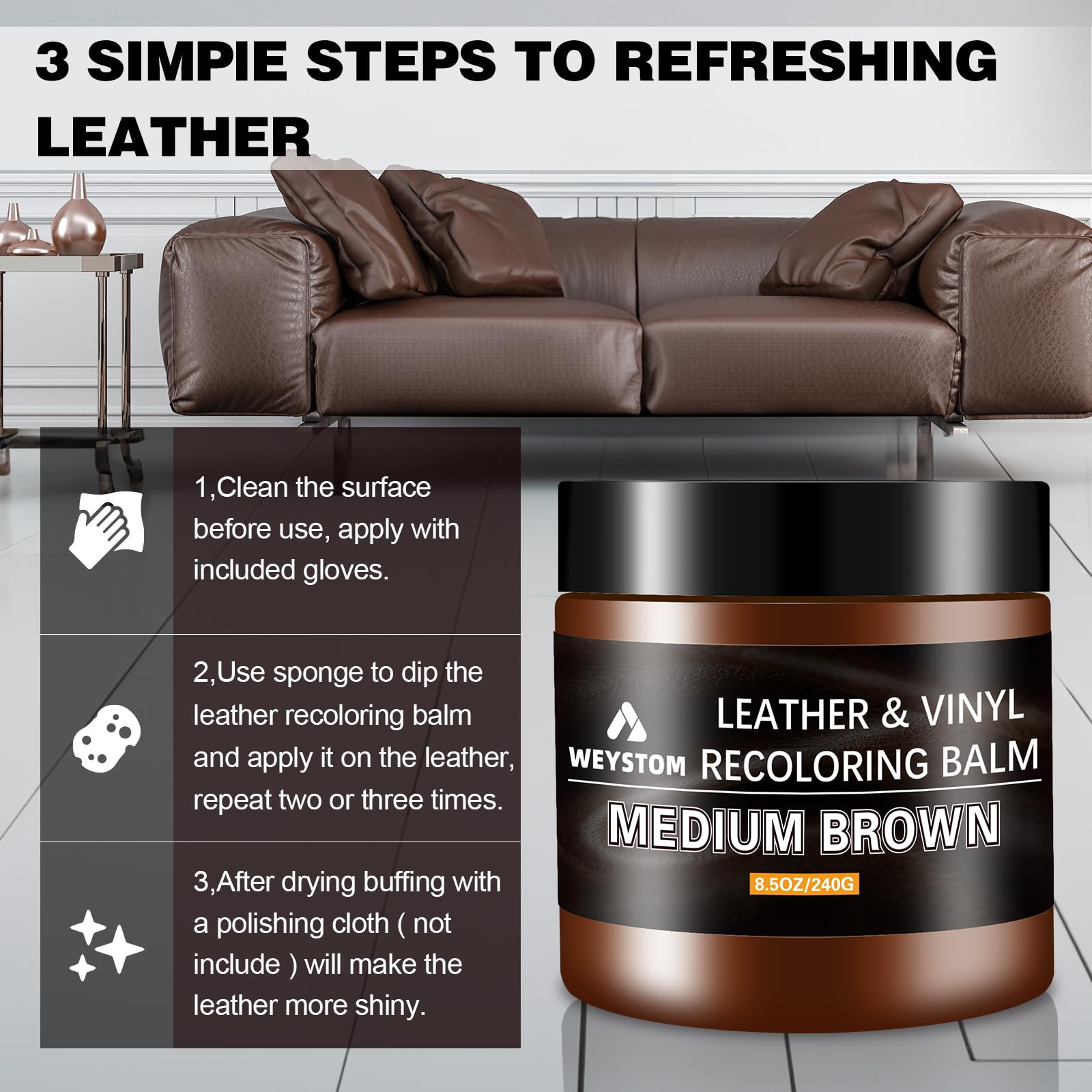 WEYSTOM Leather Recoloring Balm - Medium Brown Leather Repair Kit for Furniture, Dye, Recolor, Renew, Repair & Restore Aged, Fad