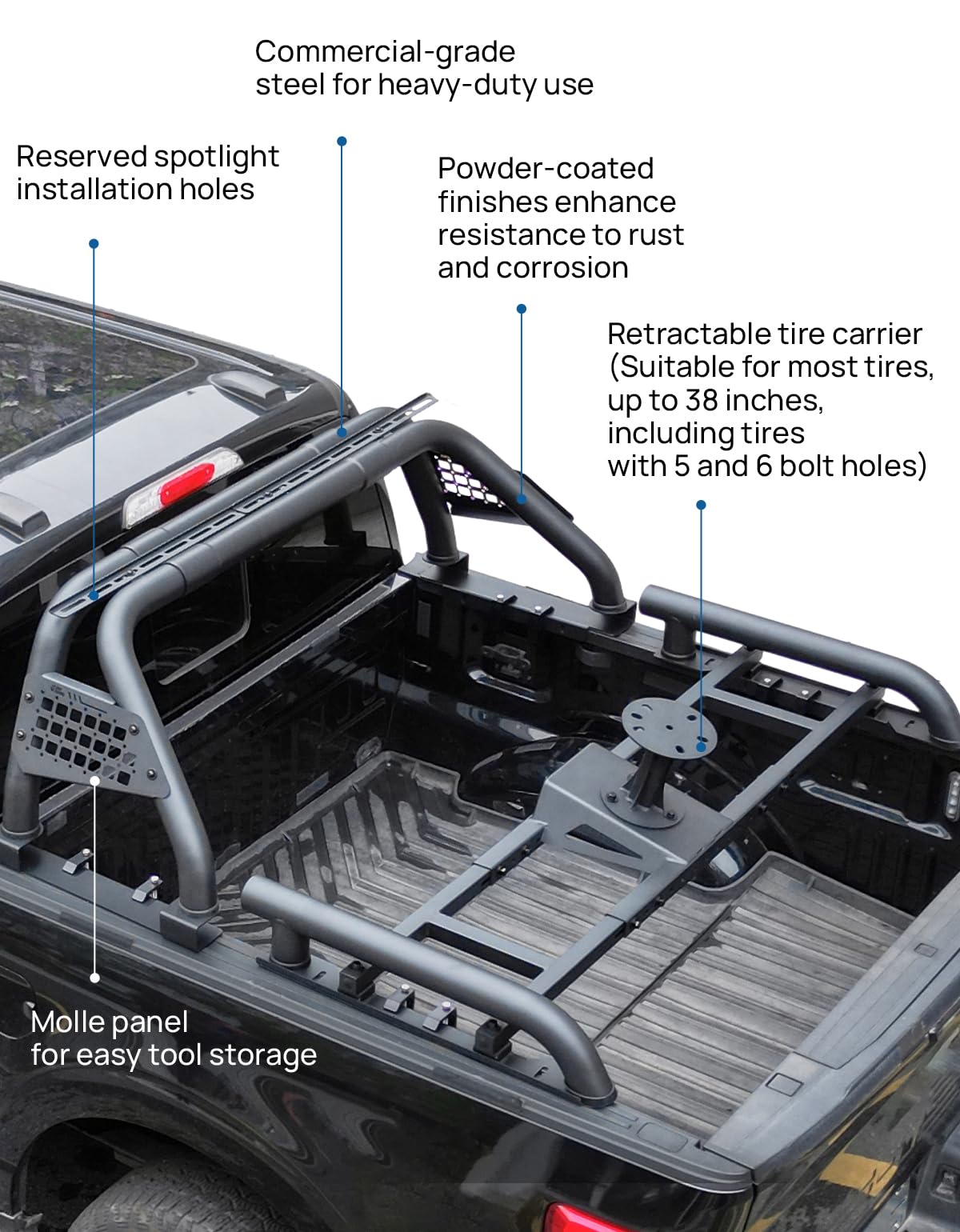 JOYTUTUS Roll Bar with Tire Carrier for Full-Size Truck Adjustable Chase Rack Pickup Sport Bar Compatible with F150, F250, F350,
