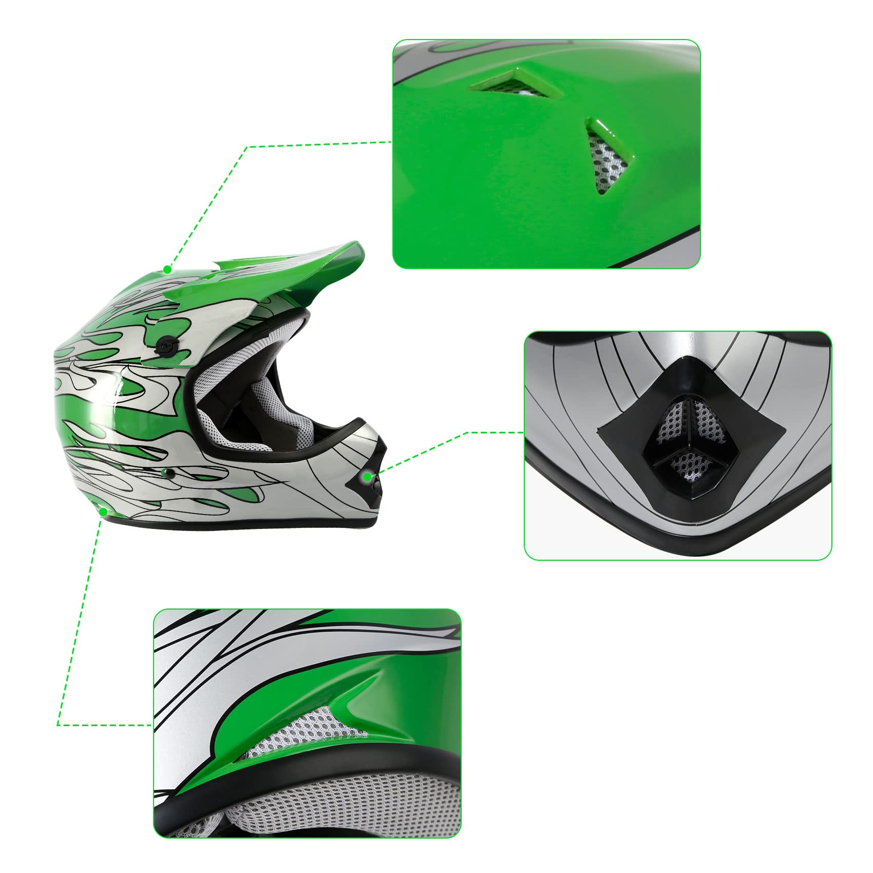 SLMOTO Youth Motocross Helmet Green Flame Design, Medium Size, ABS Material with Goggles & Gloves