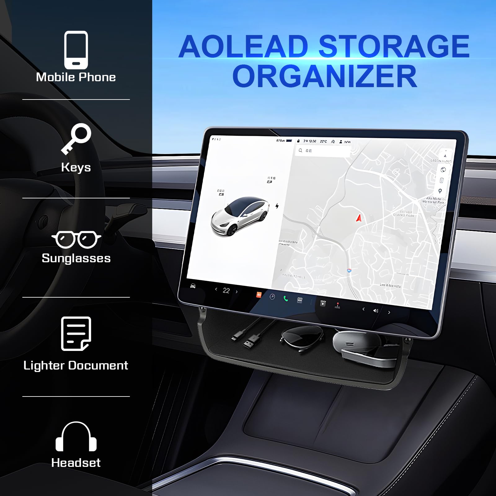 AOLEAD Tesla Center Console Organizer Tray:Under Screen Magnetic Storage Box for Tesla Model Y Model 3,No Adhesive Interior Acce