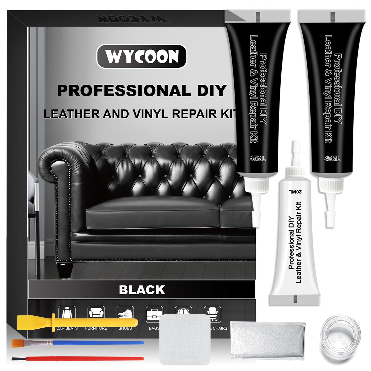 WYCOON Black Leather & Vinyl Repair Kit, Fix Fading, Tears, Scratches, and Peeling on Leather and Vinyl Furniture, Car Seats, an