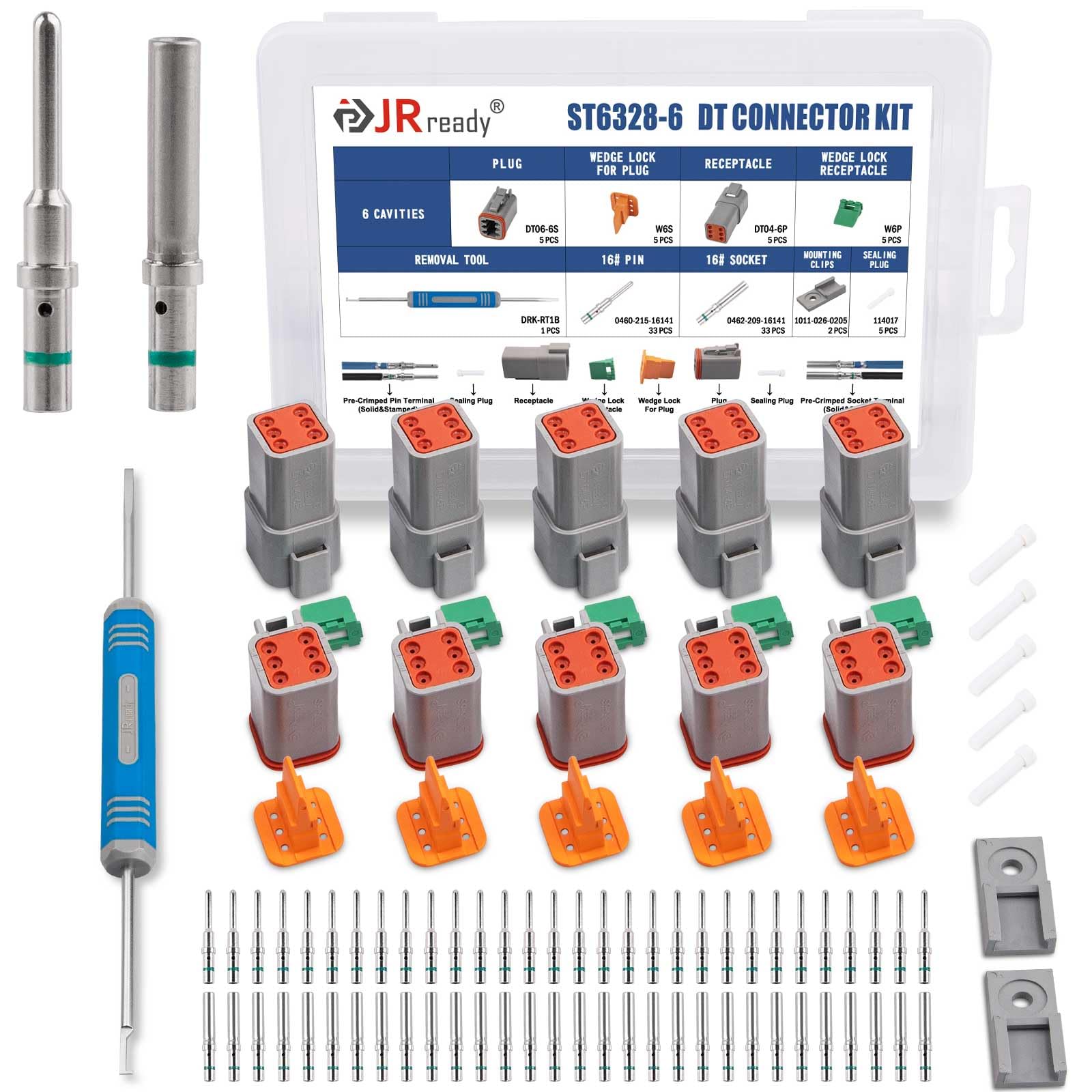 JRready Deutsch DT 6 Pin Connector Kits with Size 16 Solid Contacts(14-20AWG), ST6328-6 DT Series Waterproof Connector 6 Pin 5 S