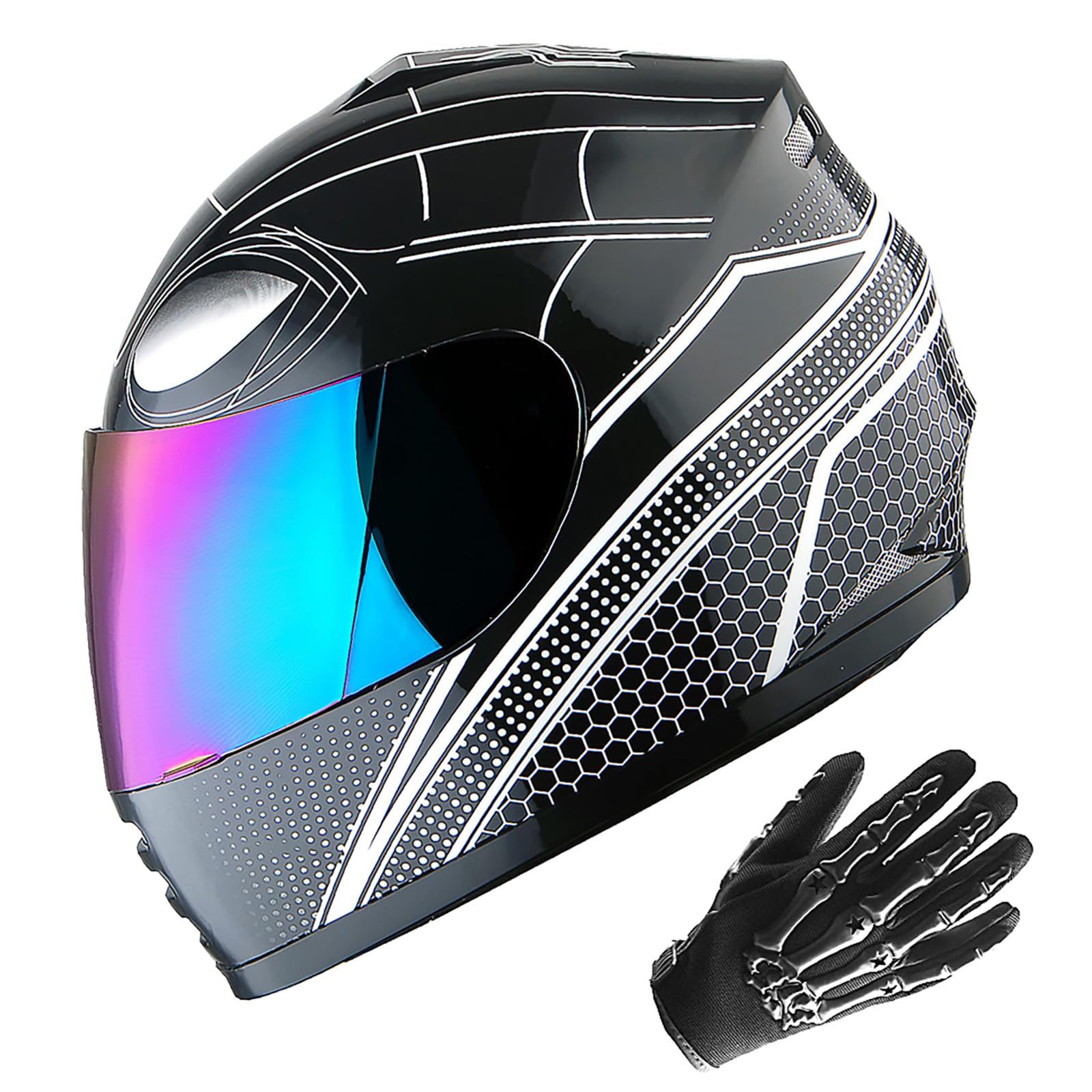 Wow Youth Motorcycle Full Face Helmet Street Bike Bmx Mx Kids Spider All Black + Mx Skeleton Glove Bundle