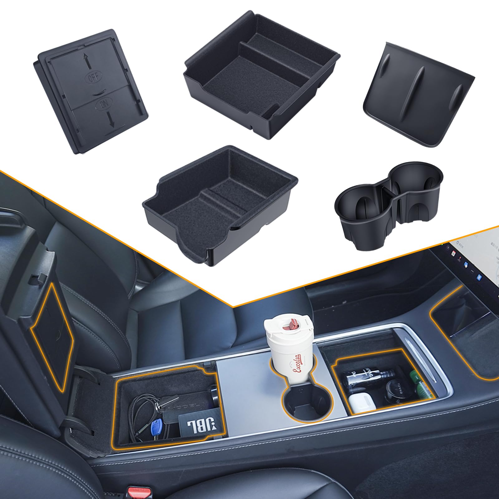 5Pcs Center Console Organizer Tray For Tesla Model Y 2024-2020(Not Fit 2024 2025 Model Y Juniper), Interior Accessories With Arm