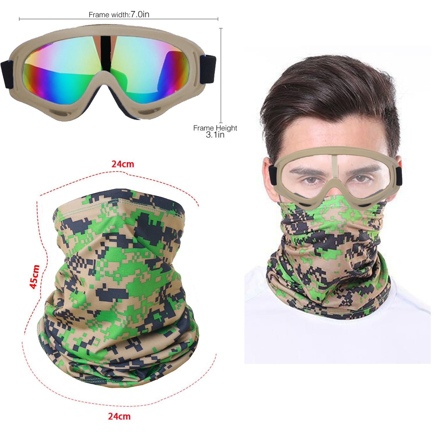 Ljdj Motorcycle Goggles,2 Pack Dirt Bike Atv Motocross Riding Hiking Protective With 2 Pack Neck Breathable Bandana Mask (Khaki/
