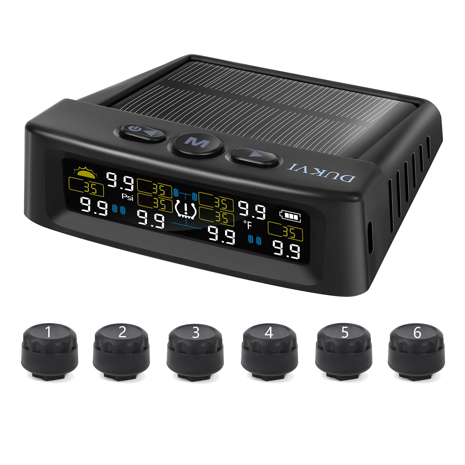 RV Tire Pressure Monitoring System with Solar and USB Charger, Trailer TPMS with 6 Sensors & 6 Alarm Modes, LCD Display Screen, 