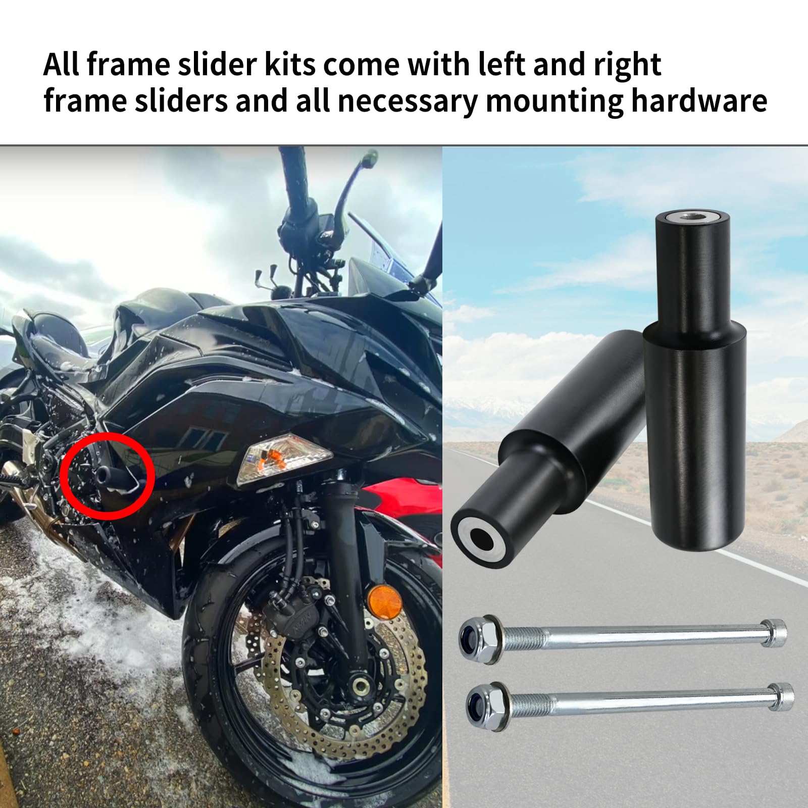 Black No Cut Frame Sliders Fits Kawasaki Ninja 650 Z650 Z 650 KRT EX650 EX 2017 2018 2019 2020 2021 2022 2023 Fits ABS & NON ABS