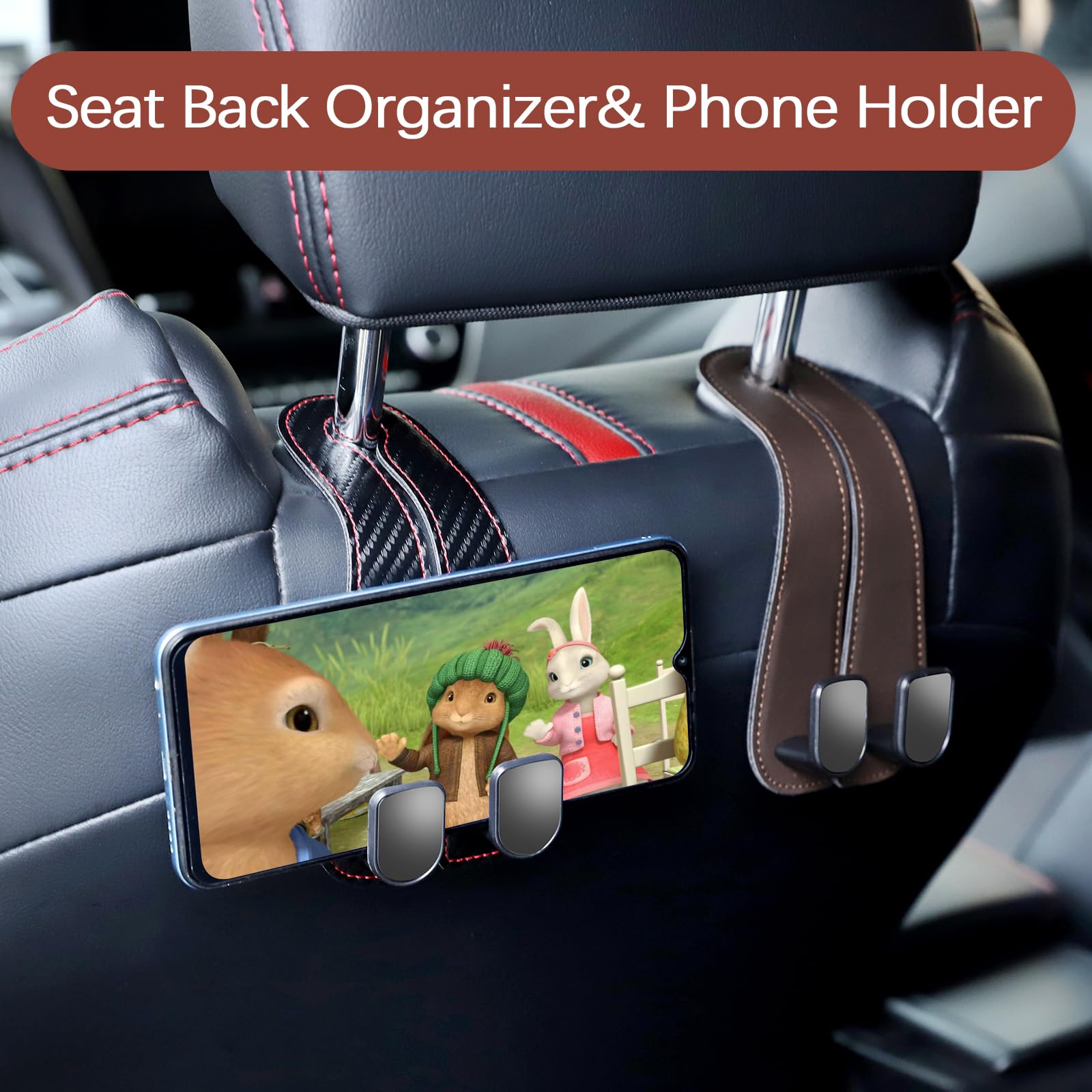 JOJOY LUX 2025 Automotive Seat Back Hooks,Leather Car Seat Hooks,Dual Headrest Organizer Hangers for Purses, Bags & Phones, 2 in