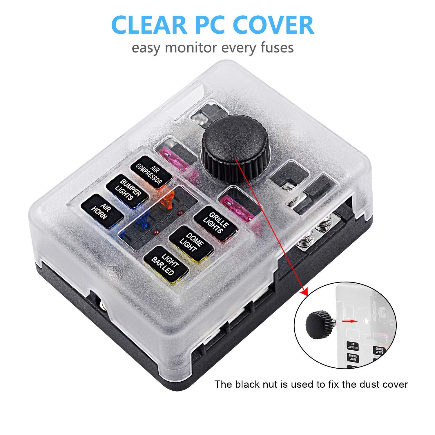 6 Way 12V Fuse Box 12Volt Blade Fuse Block Holder, 6 Circuit W/Negative Bus Waterproof Fuse Box With Led Indicator For 12V/24V A