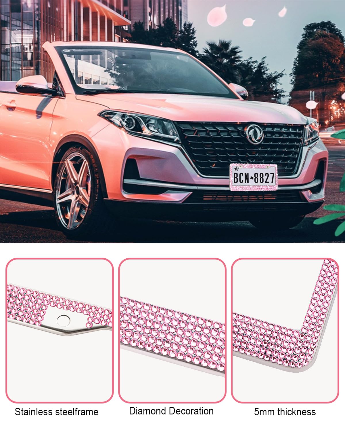 Xclpf Pink Bling License Plate Frames For Women,Handcrafted Clear Glass Diamond Rhinestone Crystals,Sparkly Premium Stainless St