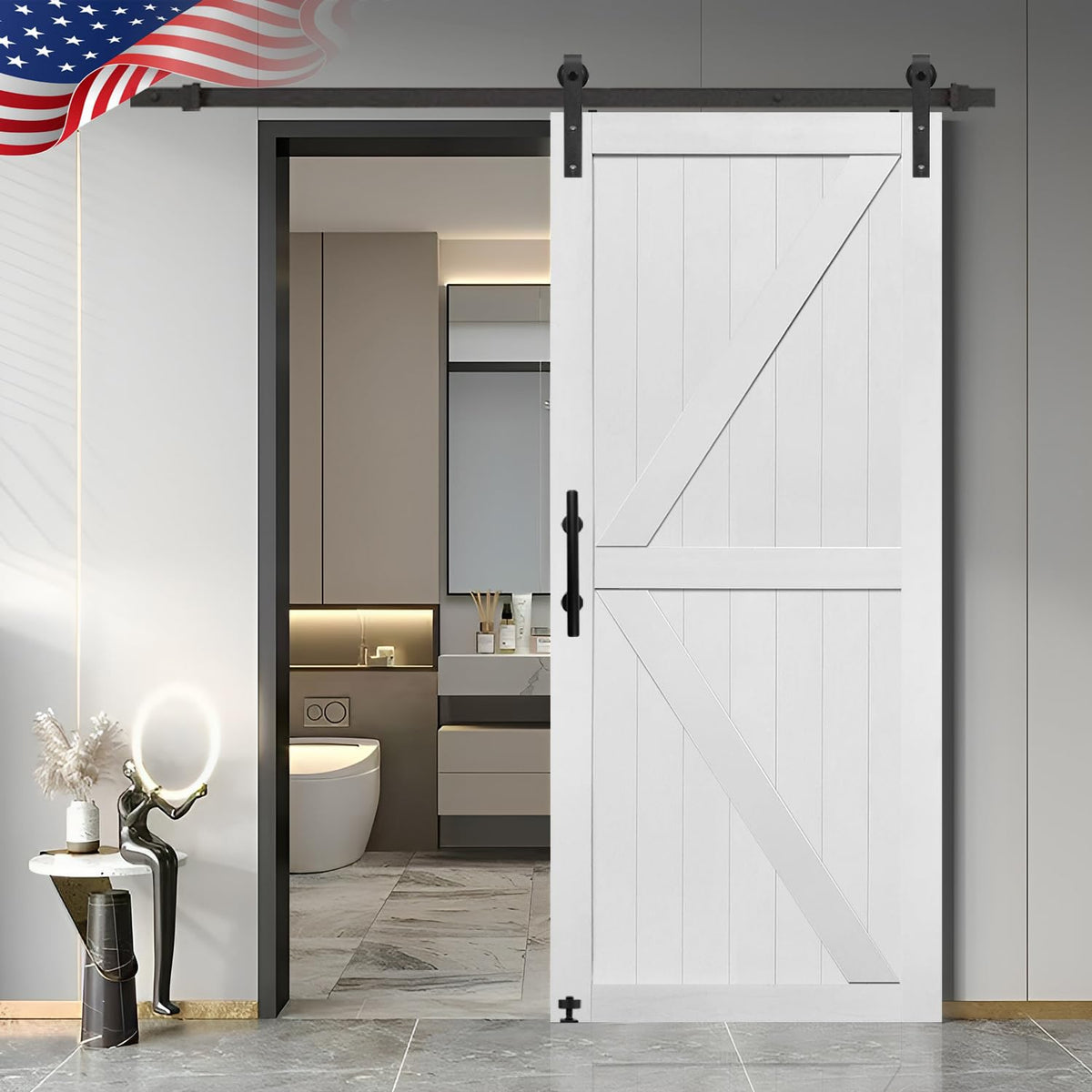 S&Z Tophand® 36In X 80In Mdf Barn Door With 6.6Ft Sliding Door Hardware Kit, 24-60In Solid Barn Door Slab Covered With Water-Proof Pvc Surface