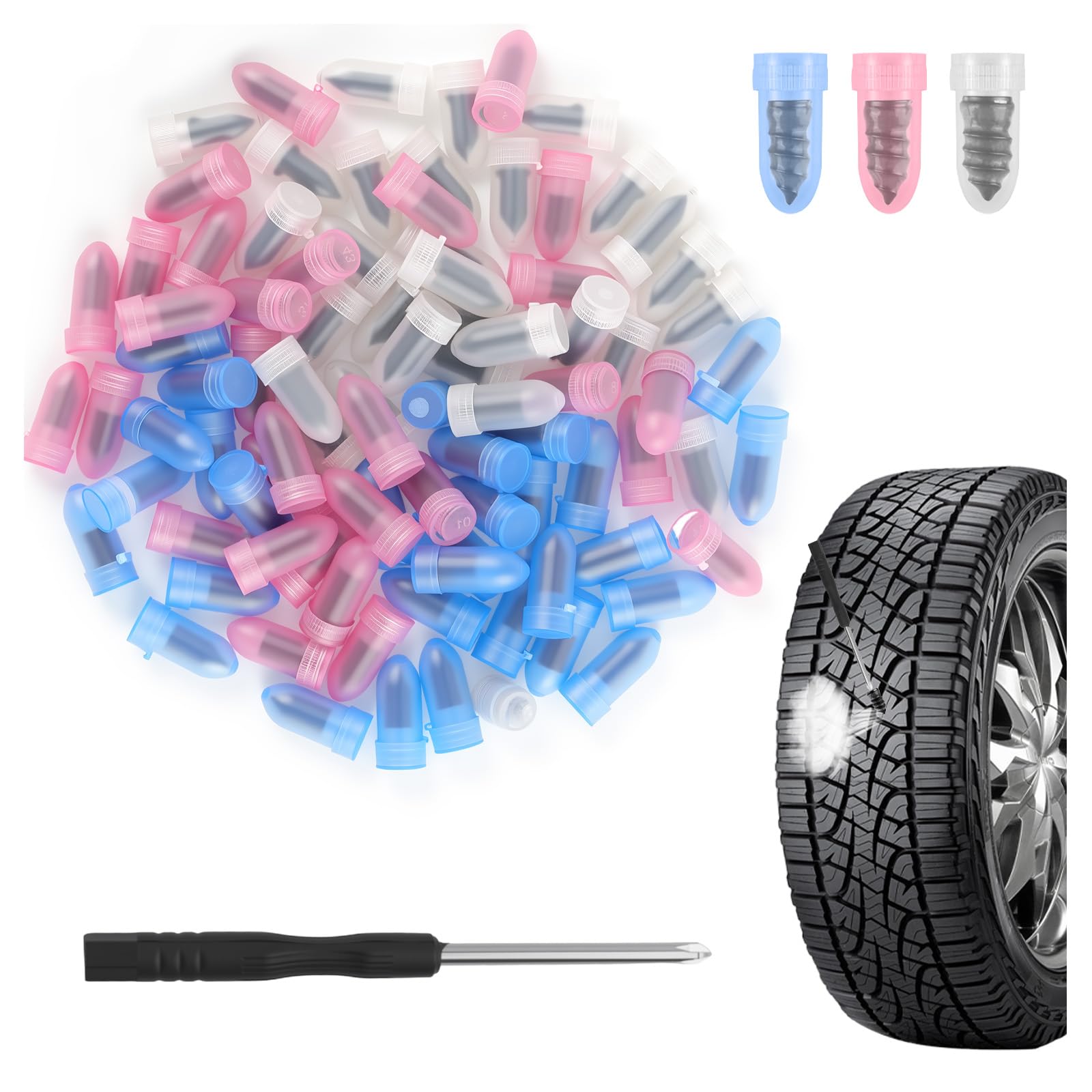 Purthog 100PCS Screw Tire Plugs Kits with Screwdriver,3 Sizes Screw in Tires Plugs for Self Quick Puncture Repair,Tire Repairs R